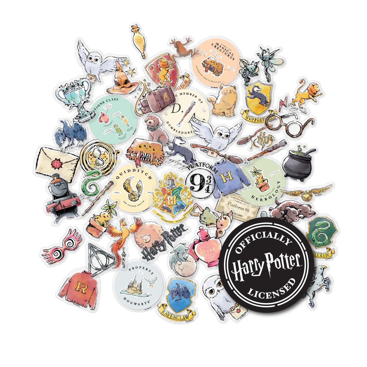 CON*QUEST Journals Harry Potter Watercolor Vinyl Stickers, Set of 60 Unique Stickers Including 5 Holograms, Waterproof and UV Resistant, Great for All Your Gadgets (Transparent, 50 Pack)