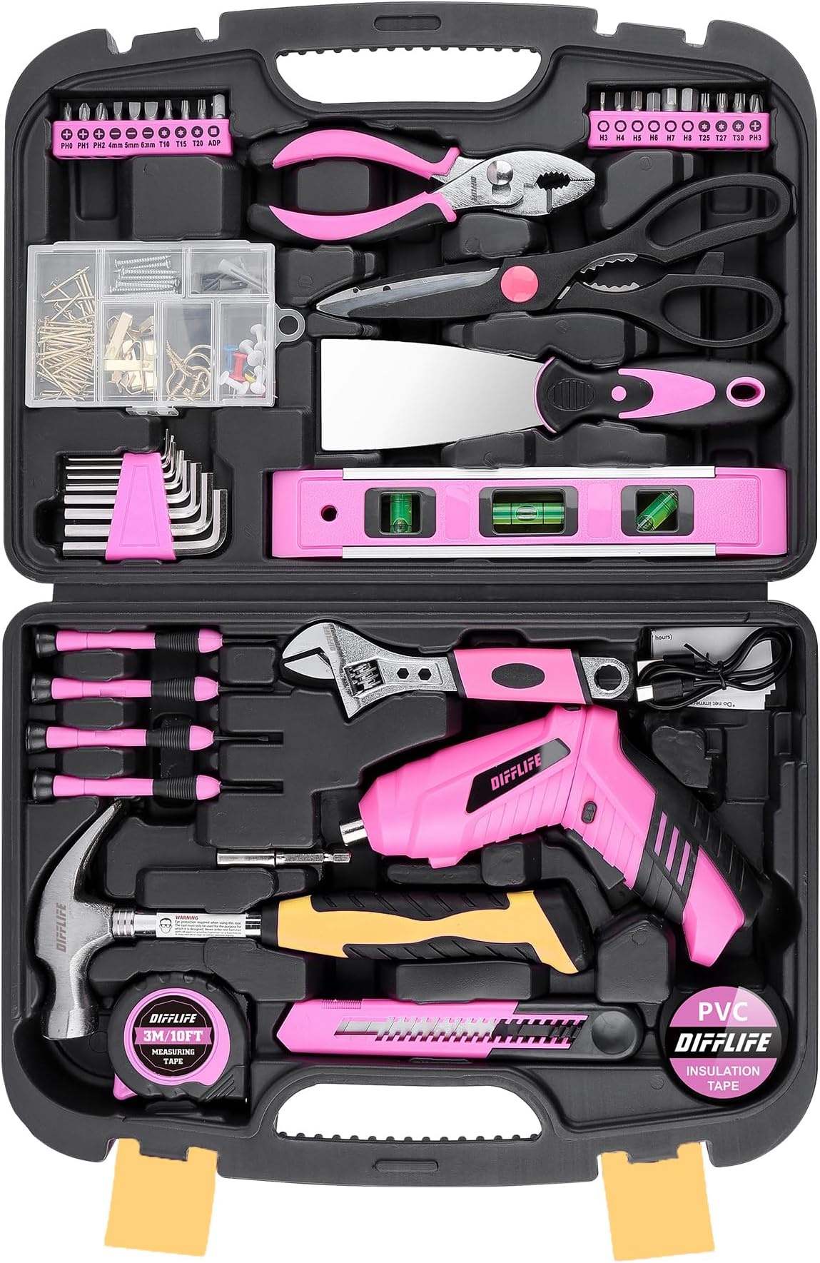 DIFFLIFETool Set Pink-136 Piece, Power Screwdrivers 3.6V General Household Hand Tool Kit with Plastic Toolbox Storage Case-136 Piece Pink