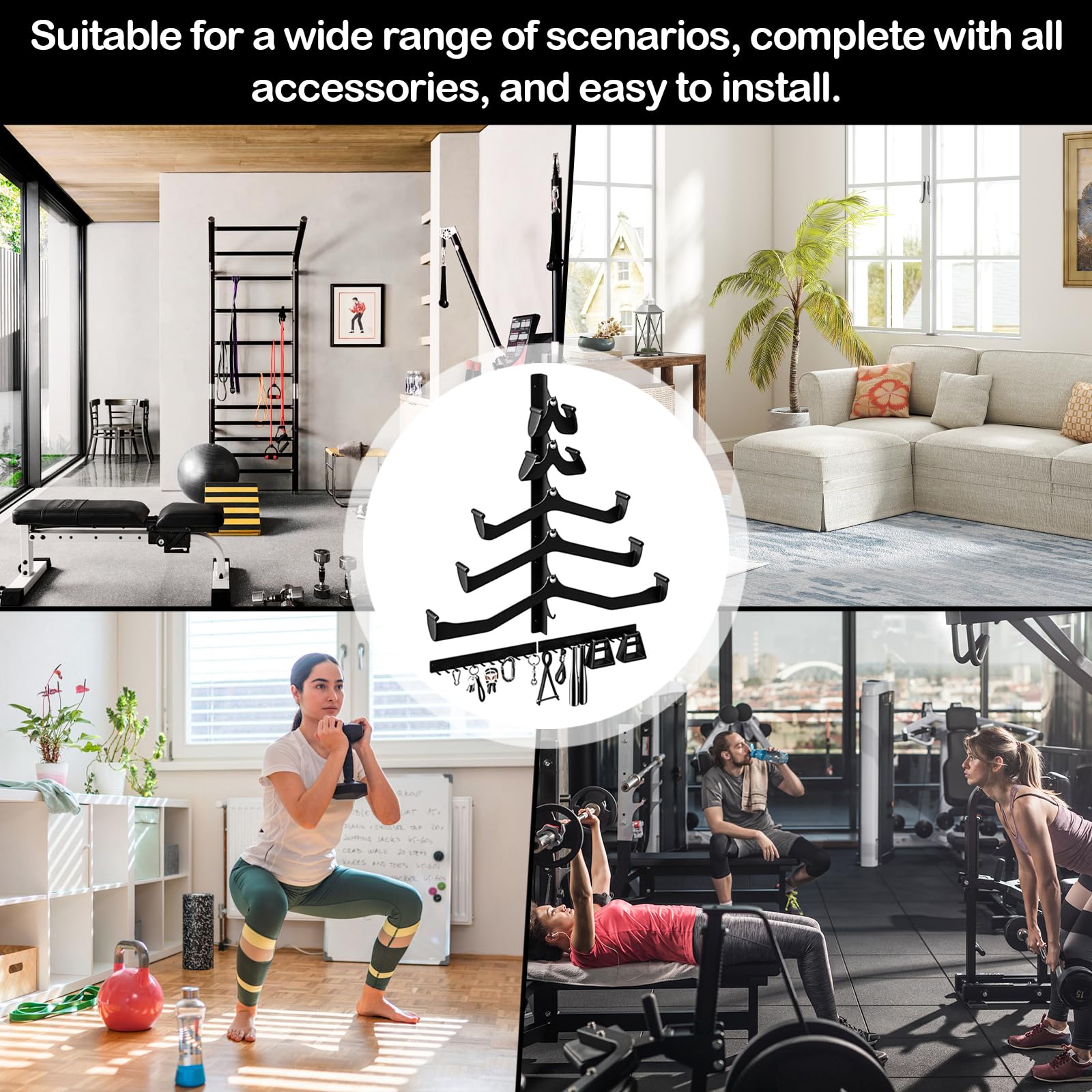 Klimmzug und Kabelzugstangen Wandhalterung, mit Zubehörhalterung, für Heimfitness Aufbewahrung Organizer, platzsparend für Kabelzugzubehör Widerstandsbänder Springseile Fitnesszubehör