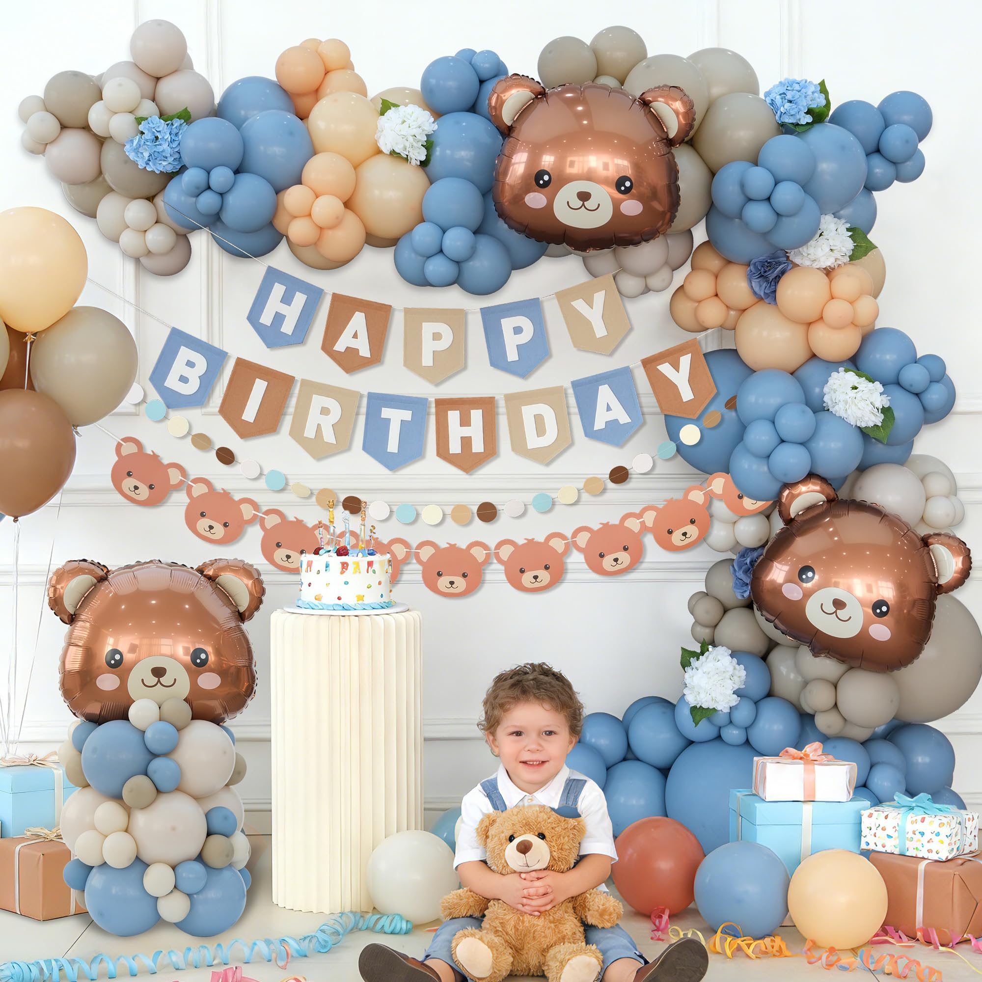 Kit de arco de globos de cumpleaños de oso para bebé, azul, caqui y marrón, decoración temática de oso