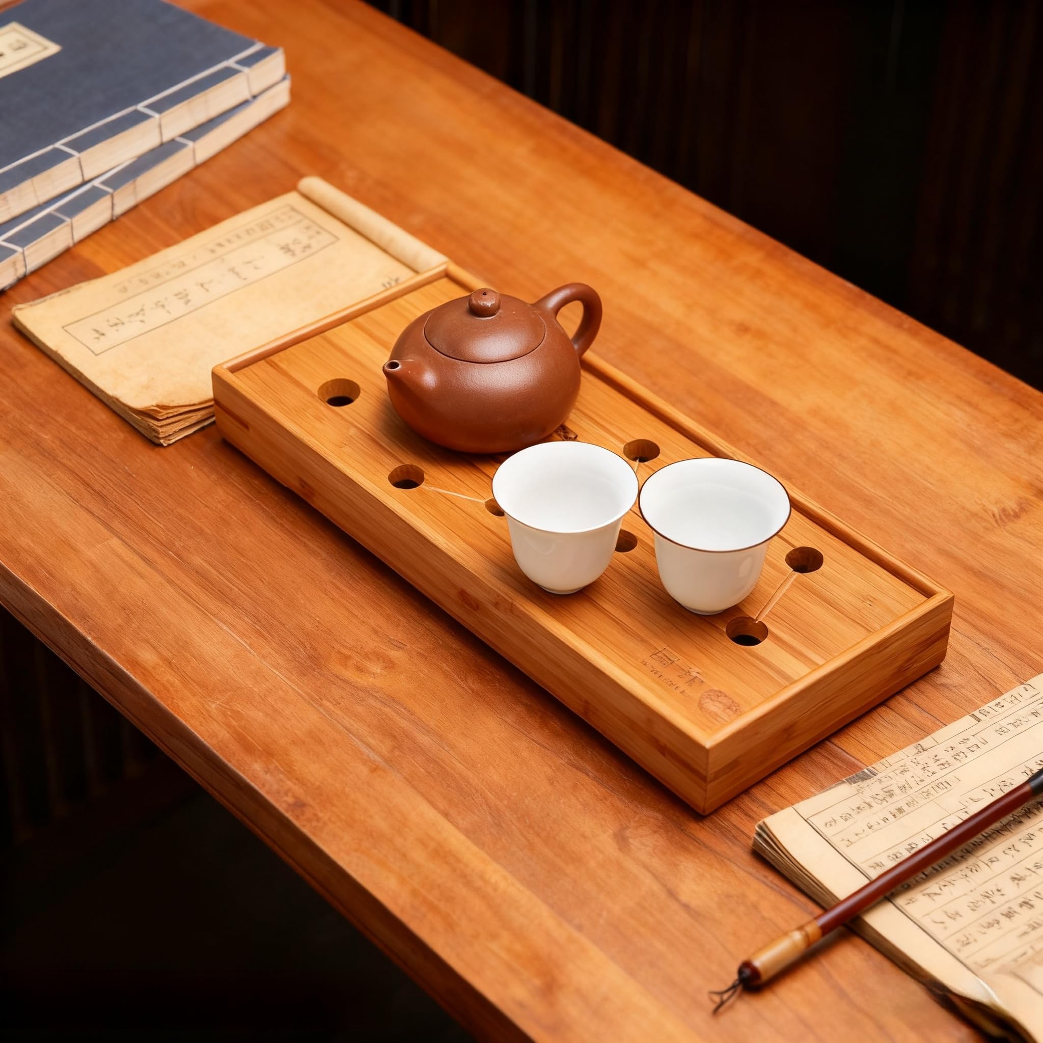 Seven Stars Simple Bamboo Tea Tray - Bamboo Japanese/Chinese Gongfu Tea Table Serving,Drainage Water Storage Bamboo Tea Table