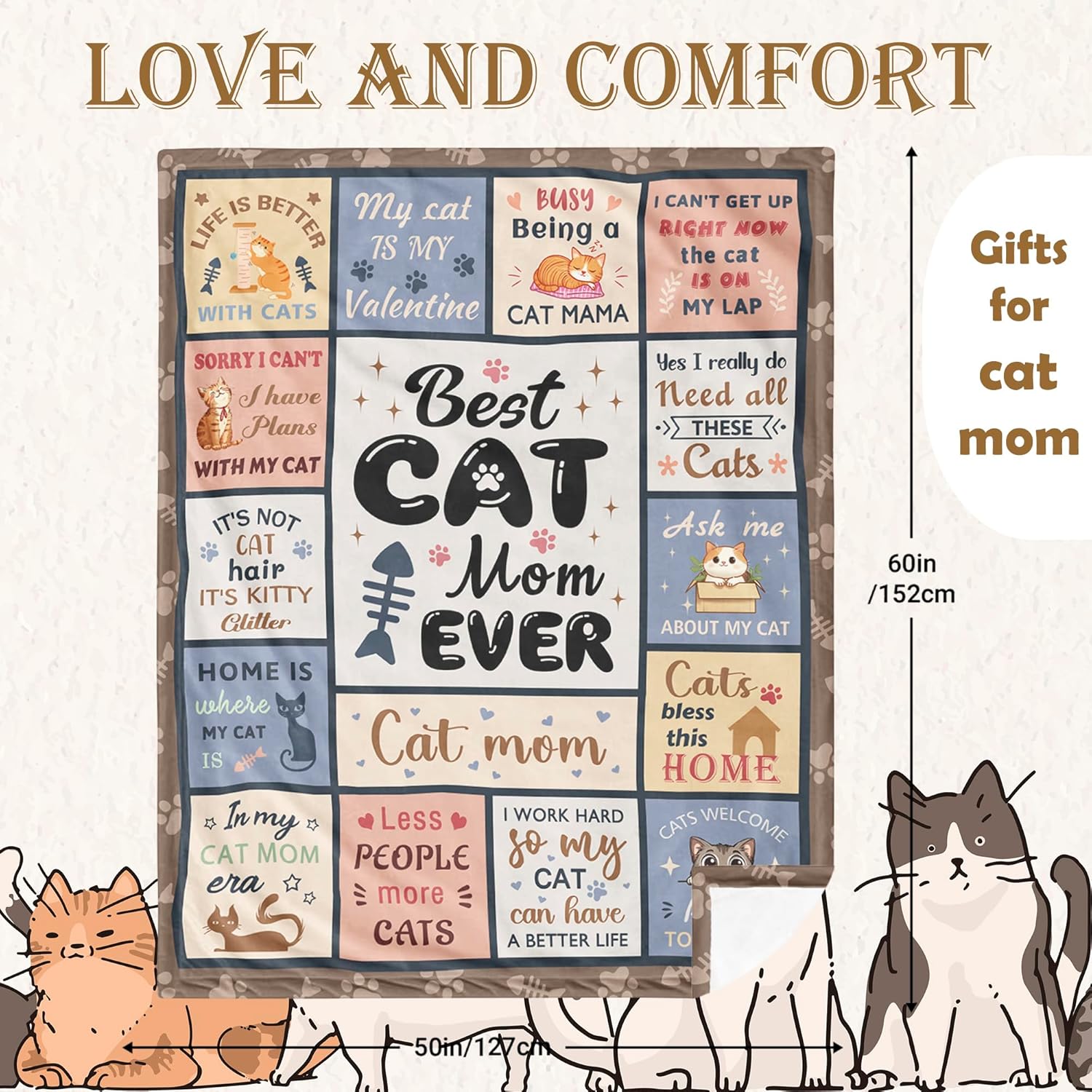 Cat Mom Gifts for Women, Cats Gifts for Women Blanket 60"X50", Cat Lover Gift for Woman/Girl/Lady, Funny Christmas Cats Themed Gifts - Image 7
