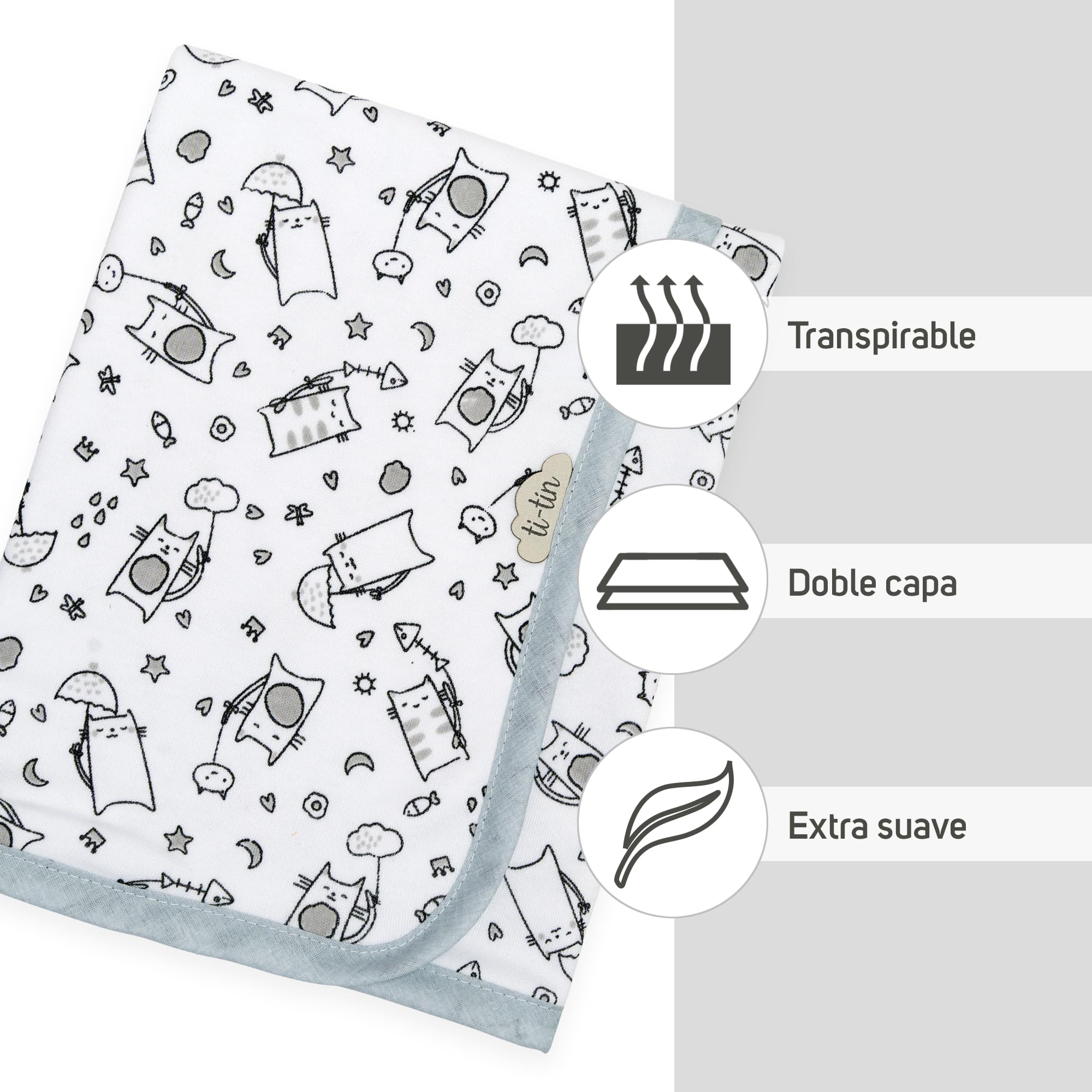Ti TIN arrullo para bebé 80 x 80 cm, Doble Capa de algodón 100%, Transpirable, Extra Suave, fácil Lavado y Apto para Secadora, diseño Ligero y Estampados Divertidos