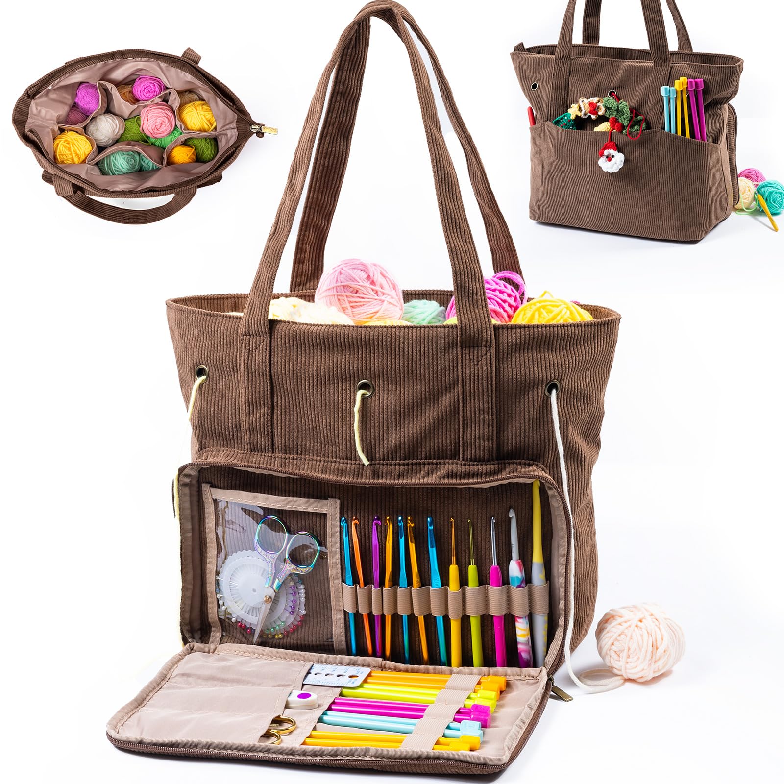 Large Crochet Tote - Corduroy Yarn Bag - Yarn Holder for Crocheting - Storage Bag for Crochet Hooks, Knitting Accessories, Mother's Day Gift