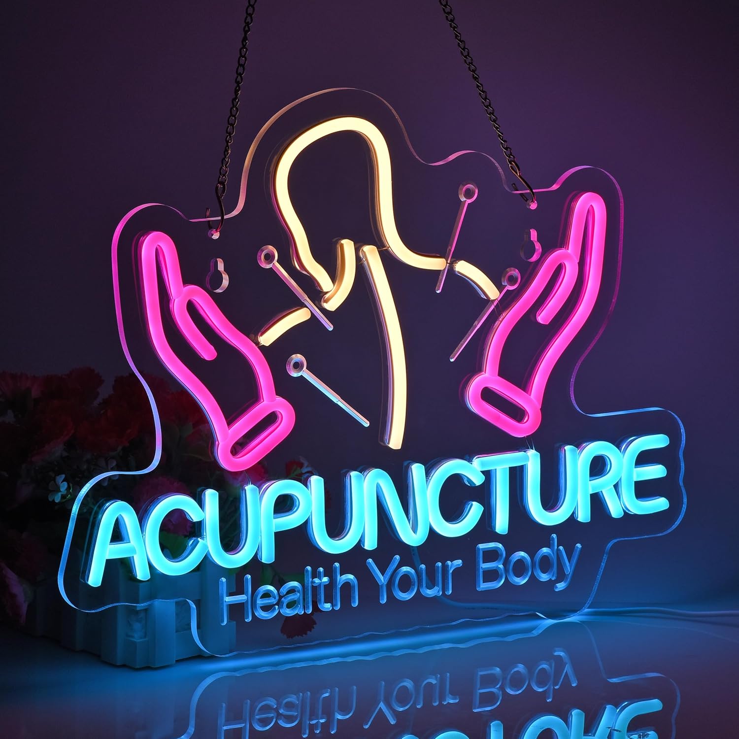 Acupuncture Neon Sign, Neon Lights Hanging Wall Art Decoration for Body Relax Massage Room Physical Therapy Spa Wellness Center, USB Powered Ultra Bright Dimmable, 16.1 * 12.6 inches