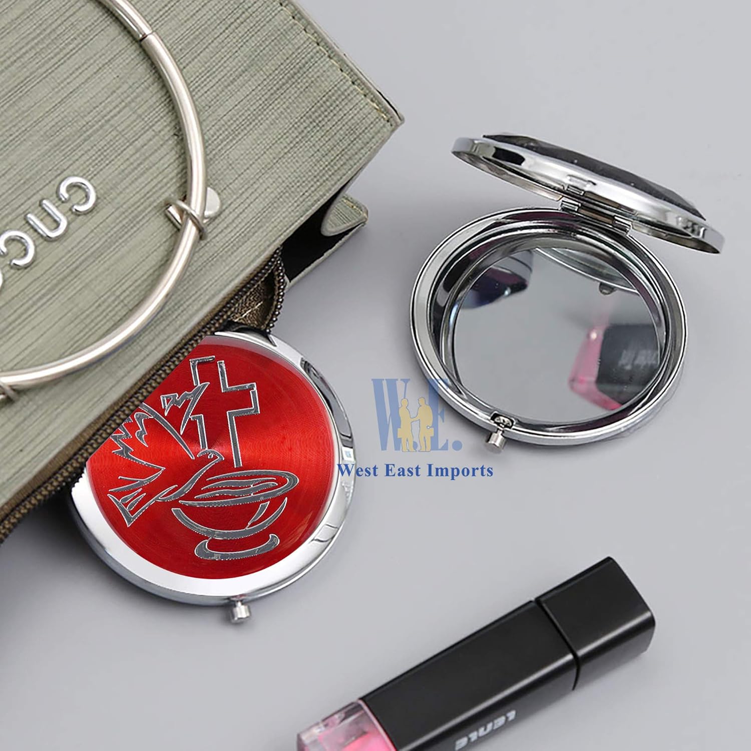12 PCS Red Compact Mirror with Dove Design - Confirmation Favors/Religious Event/Purse Makeup Mirrors in Decorated Gift Bags (red-1)