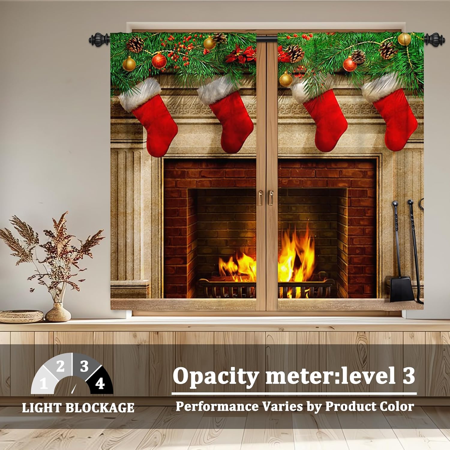 Renaiss 26 x 45 Inch Fireplace Small Curtains Christmas Kitchen Window Decor Red Sock Spruce Leaves Balls Window Treatment Tiers Poinsettia Flowers Winter Farmhouse Curtains Rod Pocket Linen 2 Panels
