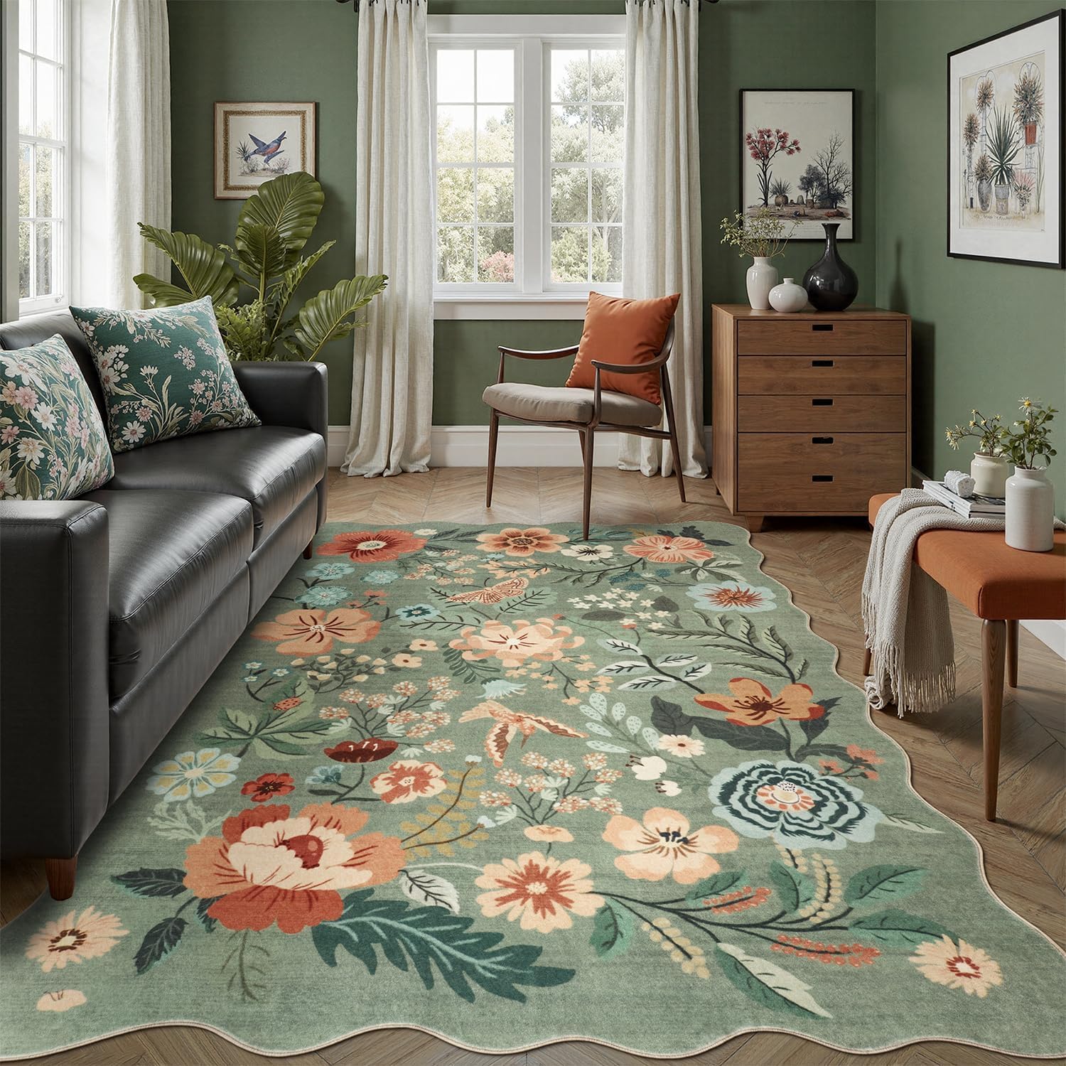 DCX Sage Green Floral Rug 5x7 Area Rug Washable Vintage Carpet Soft Non Slip Stain Resistant Scalloped Green