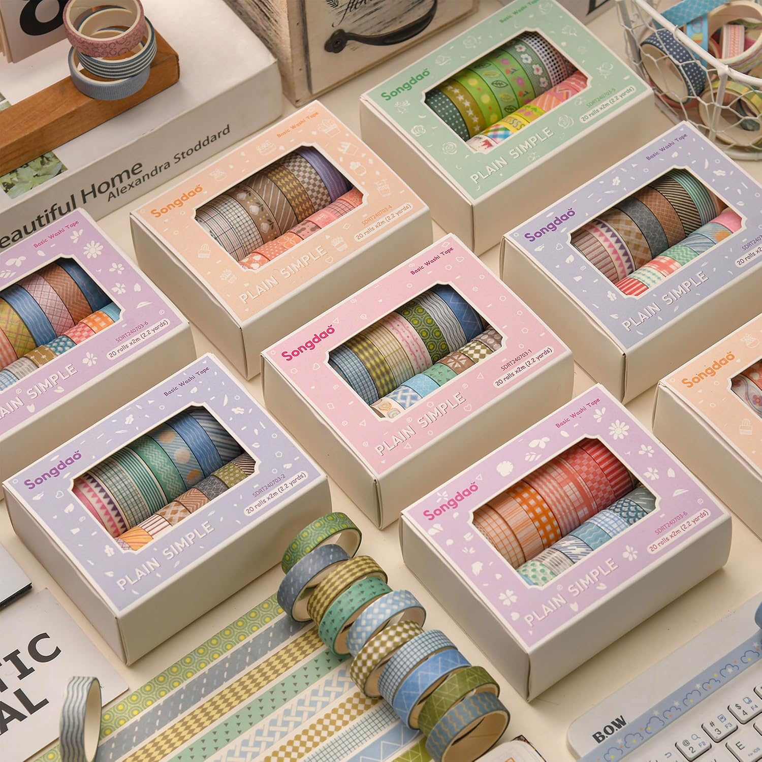 20 Rolls Basic Washi Tape Set Japanese Arts Adhesive Tapes Simple Patterns Decorative Masking Tape Sets for Craft, Kids, Scrapbook, DIY, Gift Wrapping (Style One)