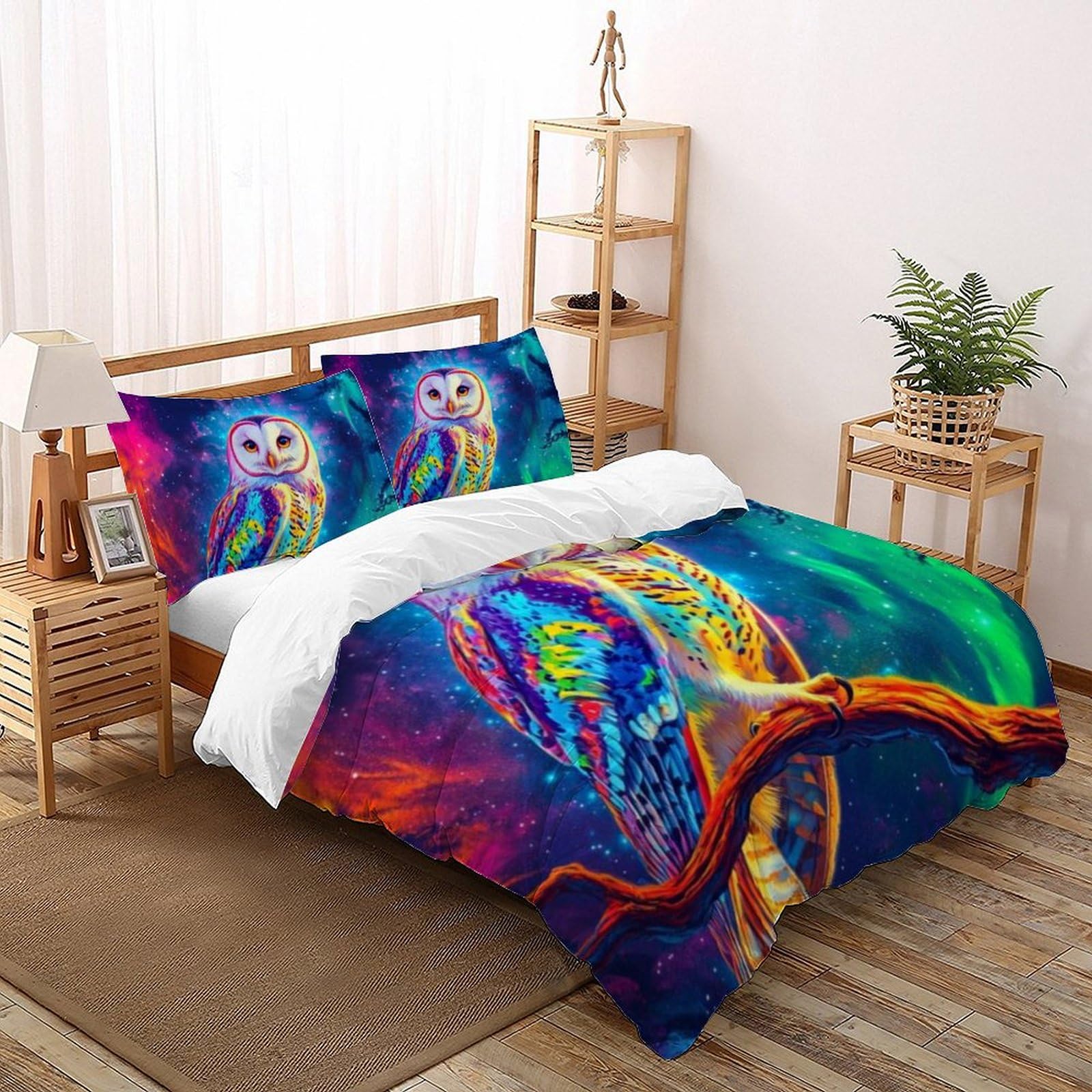 Parure de lit hibou imprimé 3D et housse de couette animaux super king