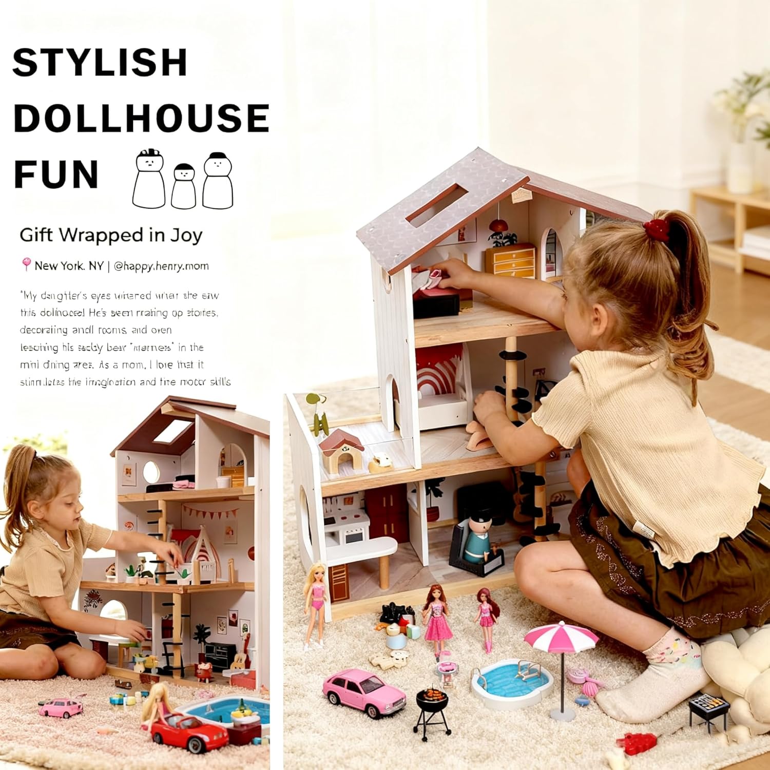 Wooden Doll House with 53Pcs Furniture Doll House, 6 Rooms Toddler Dollhouse Includes Spiral Wooden Staircase and Balcony, Modern Family Dollhouse with Realistic Design Gift for Ages 3+