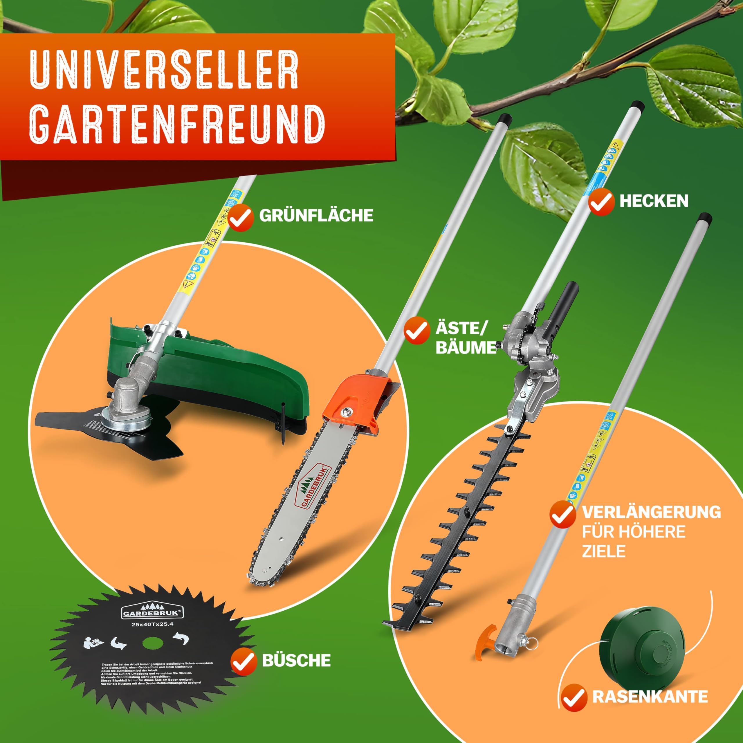 GARDEBRUK® Benzin Motorsense Freischneider 5 in 1 Heckenschere Rasentrimmer Hochentaster 2 PS Tragegurt verstellbar 1m Verlängerung