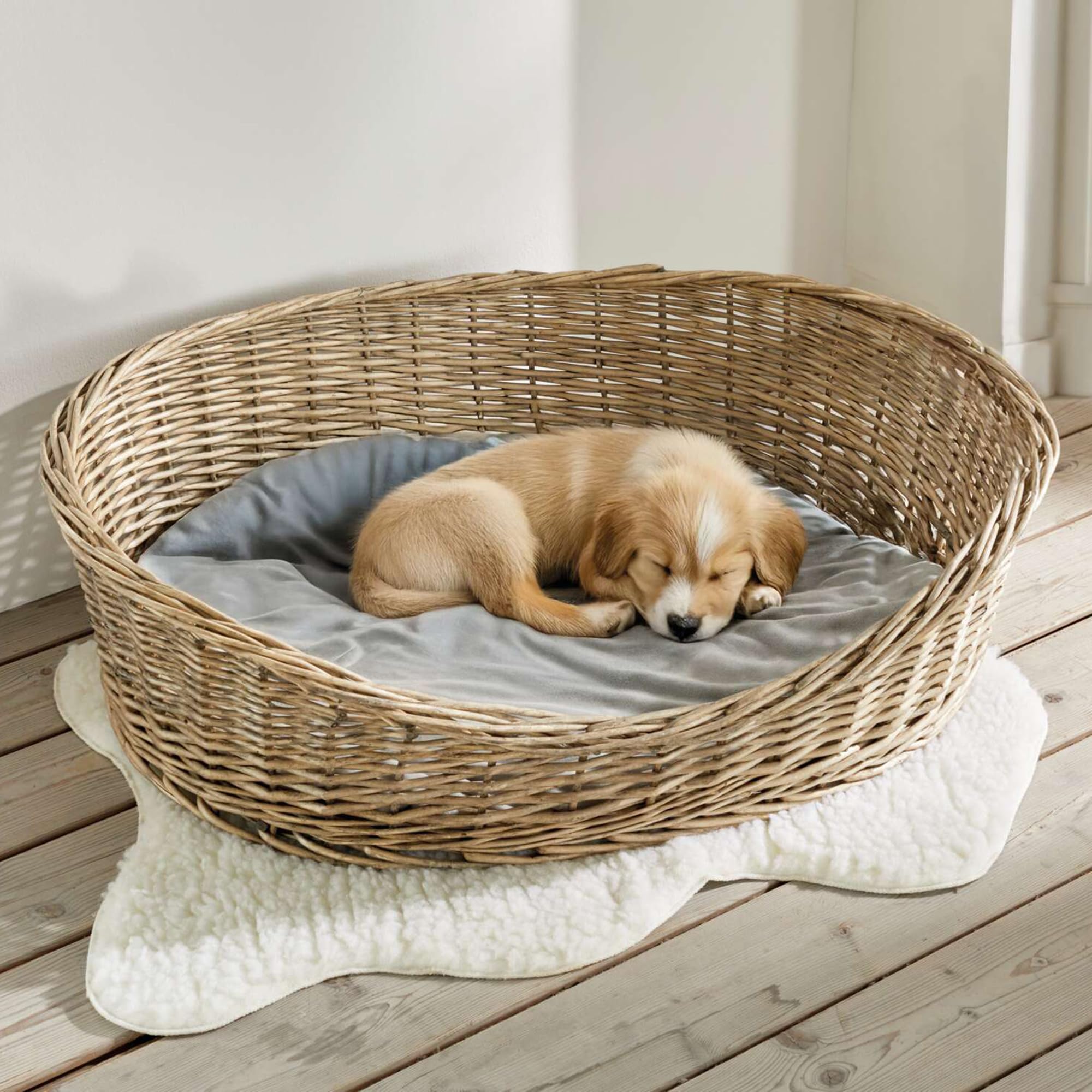 FRANK FLECHTWAREN Hundekorb Grey für Hunde, Vollweide Geflecht Grau Gekalkt, mit Polyester Kissen, Maße 90 x 70 x 25 cm, Liegefläche 76 x 56 cm