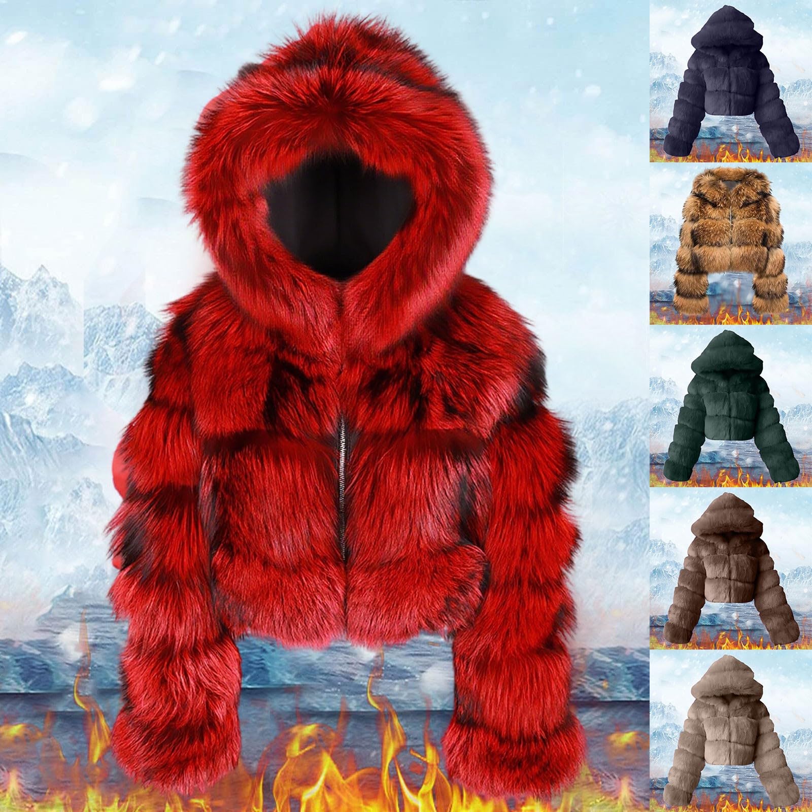 Generisch Chaqueta de piel para mujer, corta y elegante, abrigo de piel sintética, chaqueta recortada de invierno y otoño, cálida chaqueta de felpa con capucha, chaqueta de invierno, abrigos de manga