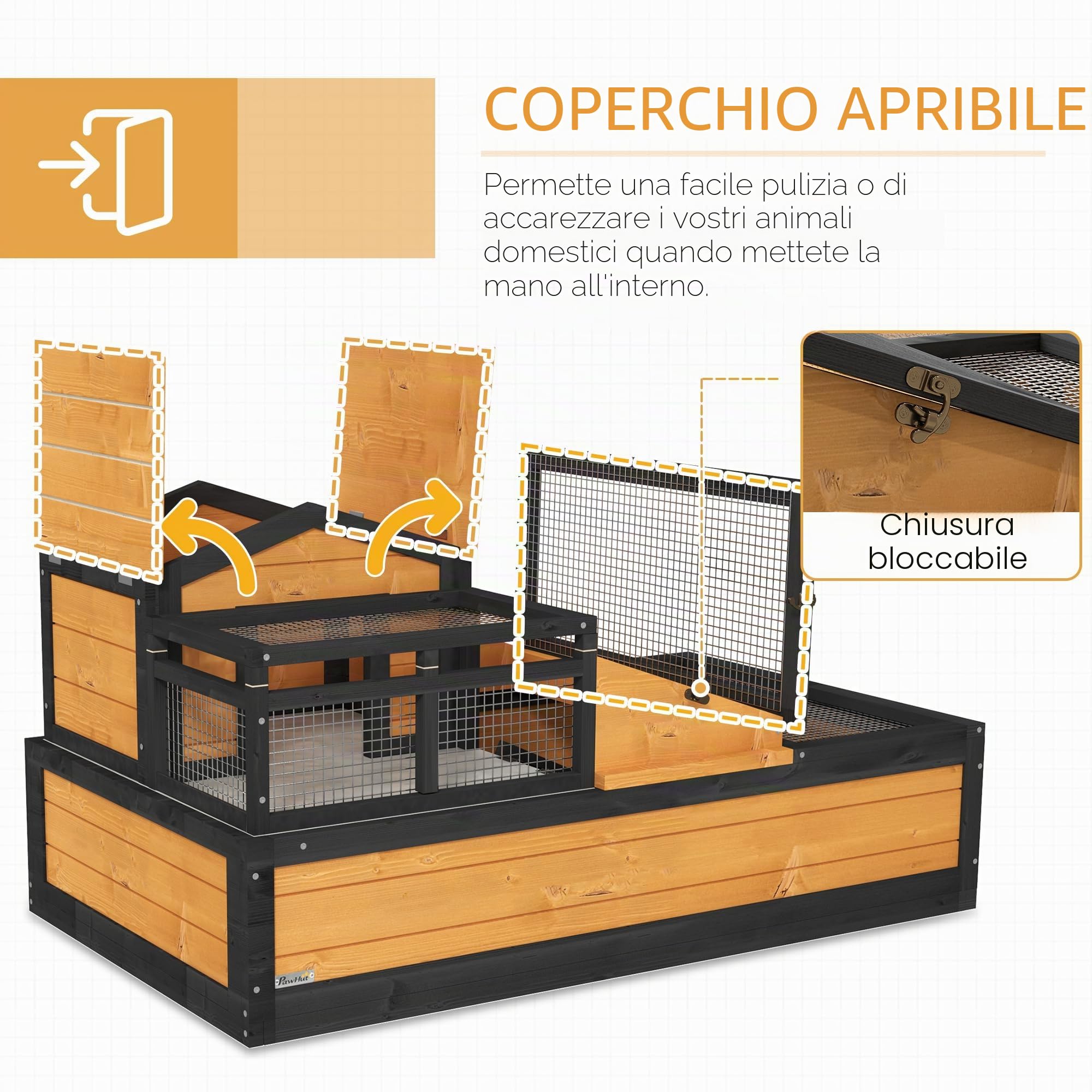 PawHut Casetta per tartarughe in legno, recinto per tartarughe con 2 livelli, case principali, balcone, gabbia per rettili da esterno con tetto apribile, terrario per tartarughe, rettili, giallo