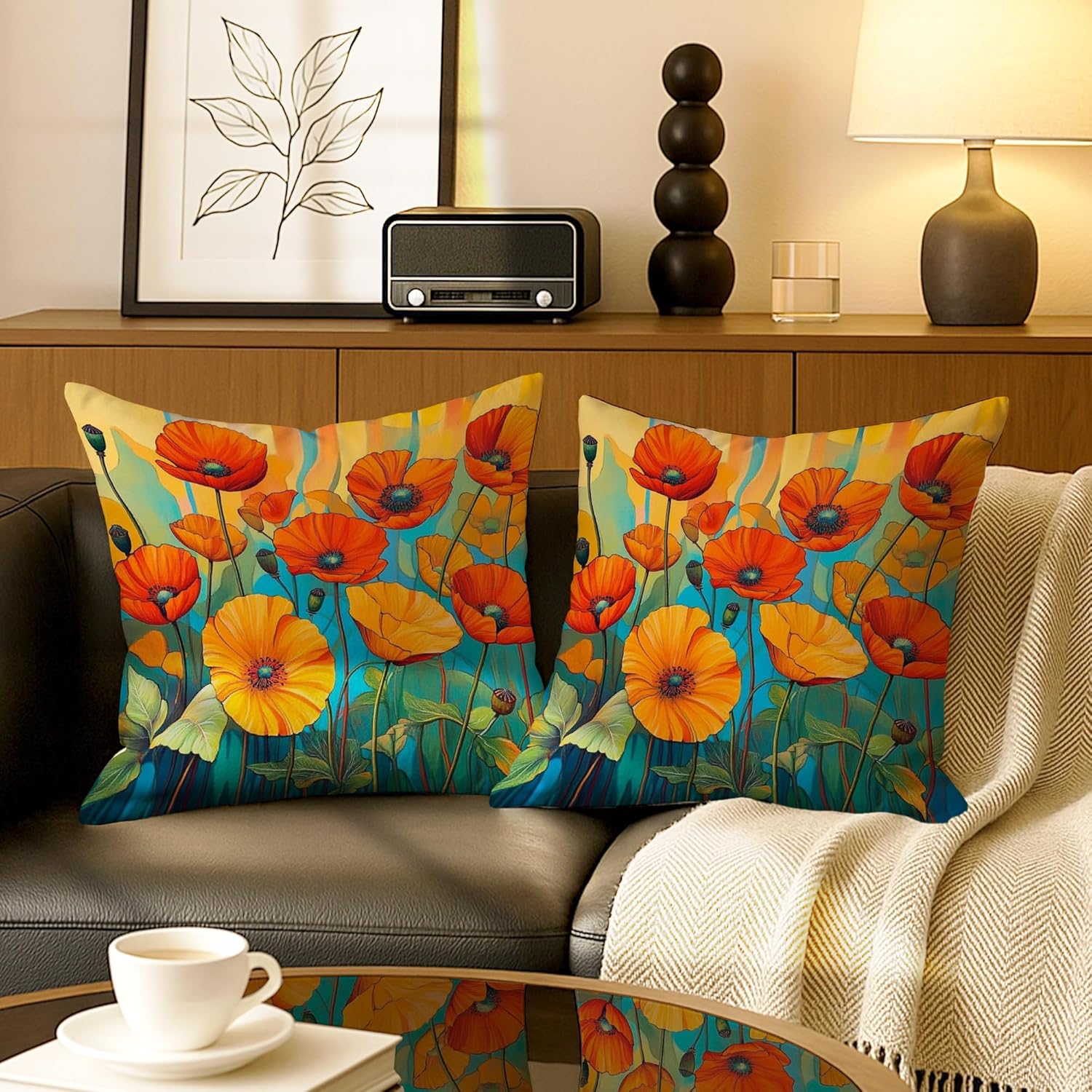 Summer Decorative Throw Pillow Covers Set of 2, Vibrant Orange Poppy Floral Cushion Cases, Artistic Farmhouse Style Outdoor Square Pillowcases for Home Sofa Bed Couch 26x26 Inch