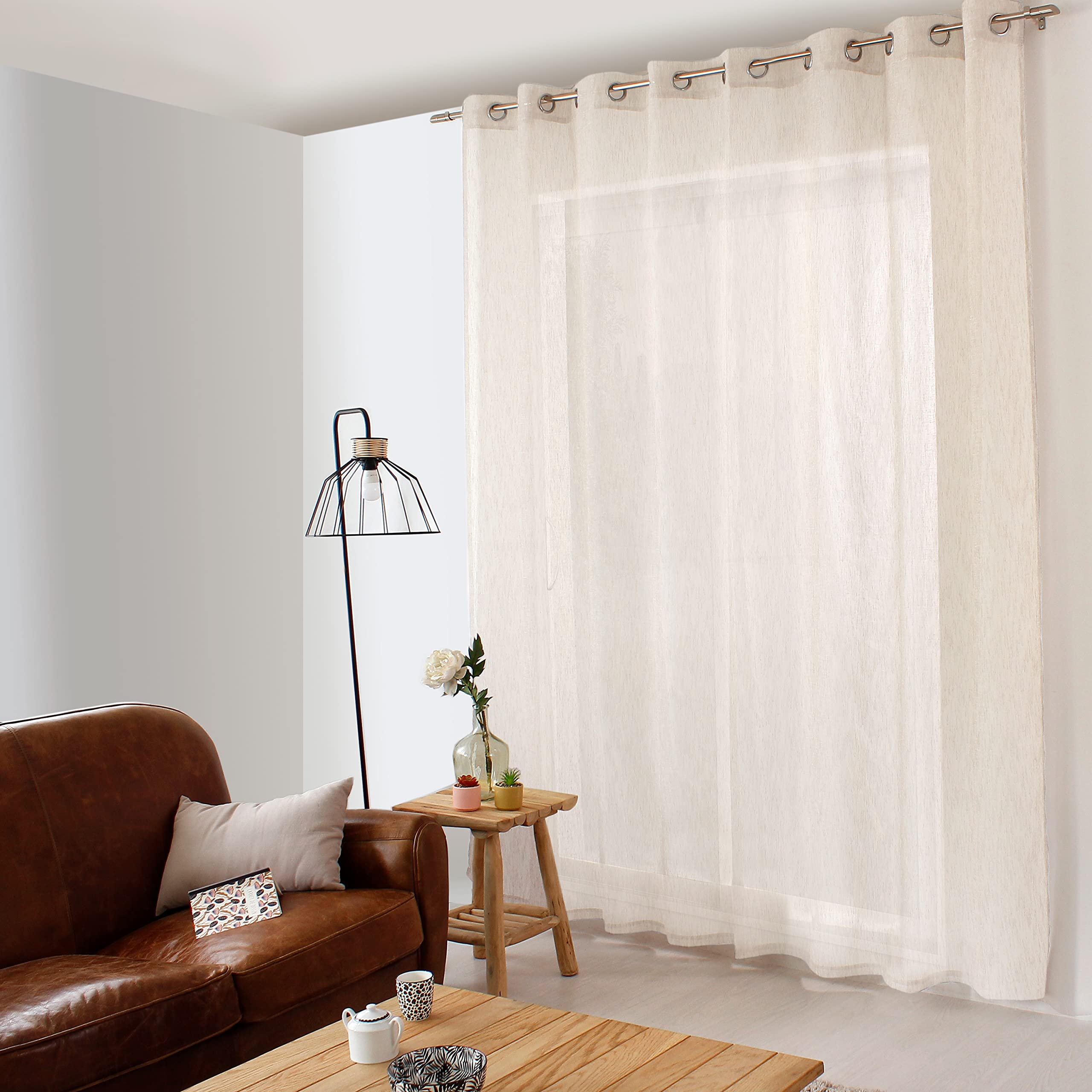 Voilage XXL avec Œillets, 300x240cm, Ecru, Effet Lin, Grande Largeur, Protège des Regards extérieurs, pour Salon Maison Chambre Fenêtre Semi-Transparent, Collection Maya, Enjoy Home