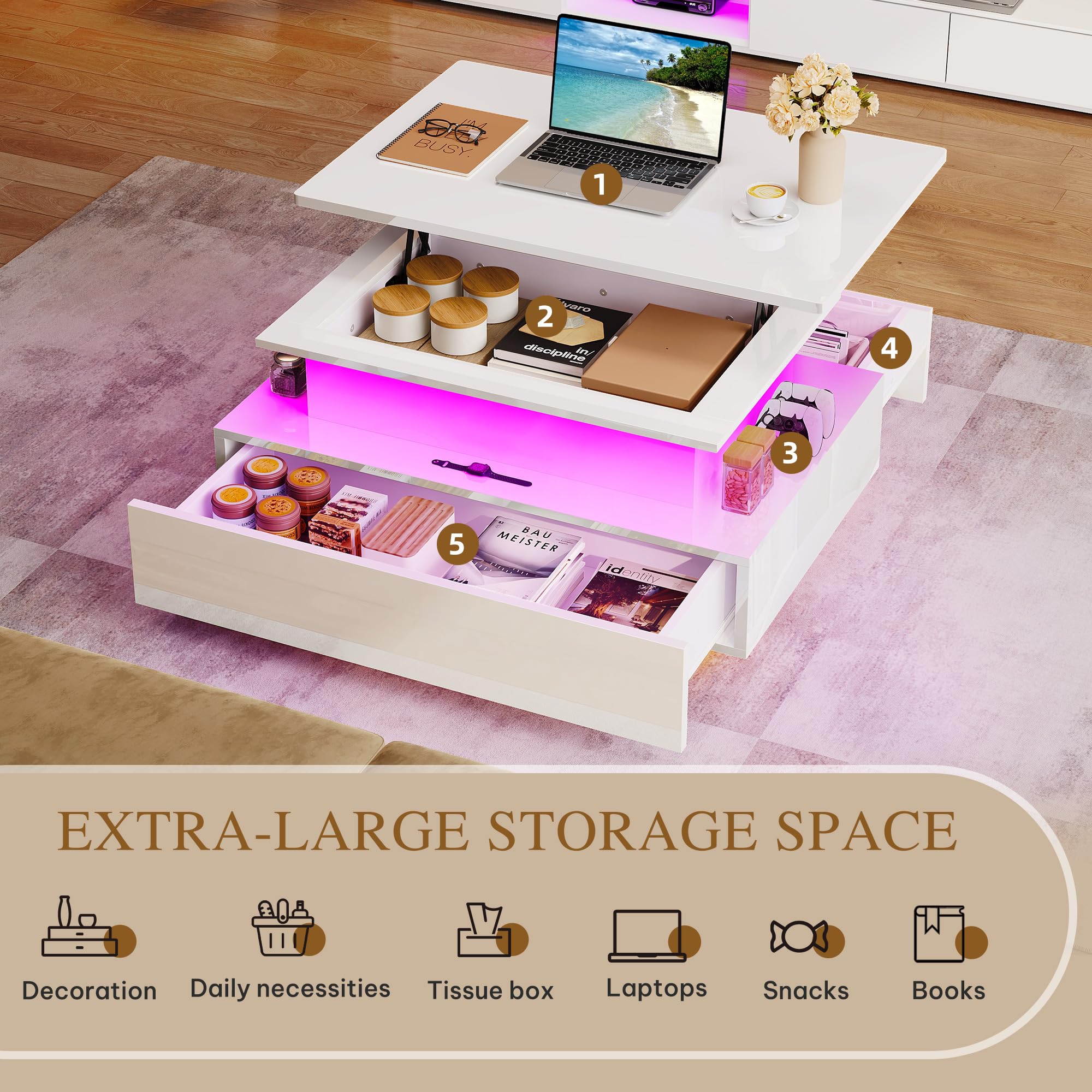 YITAHOME Mesa de Centro Elevable, Mesa de Salón Brillante Moderna con 16 LED de Colores y 2 Cajones
