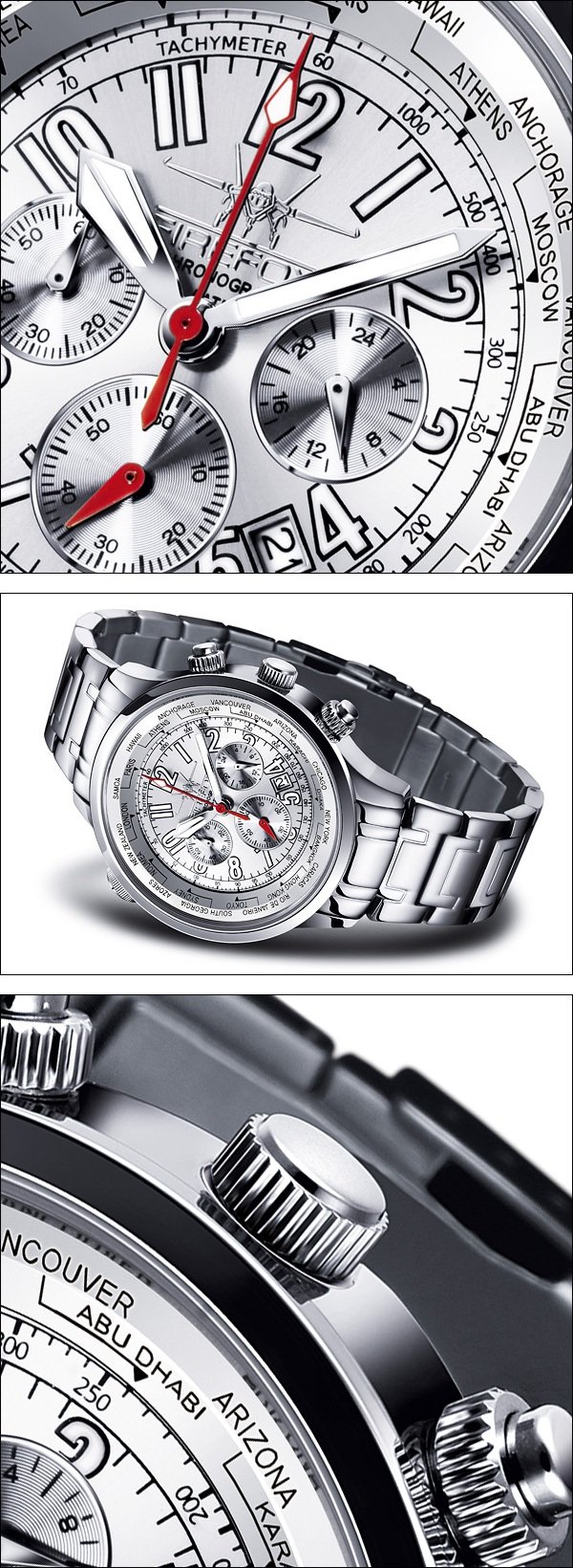 FIREFOX WORLDTIMER FFS40-104 Sunray Silber Weltzeitanzeige Chronograph Herrenuhr Armbanduhr Sicherheitsfaltschließe massiv Edelstahl wasserdicht Miyota OS20 Werk