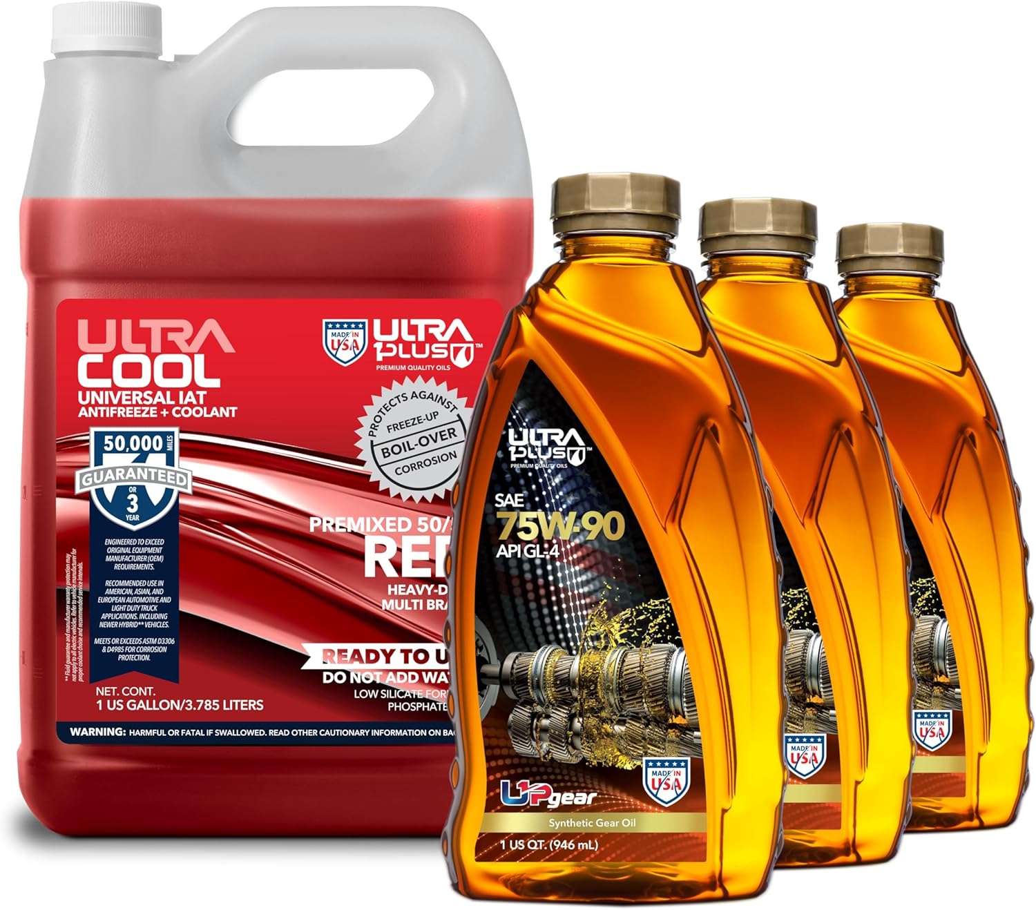 ULTRA 1PLUS SAE 75W-90 Synthetic Gear Oil API GL-4 (3 Pack QT) & Universal Antifreeze Coolant