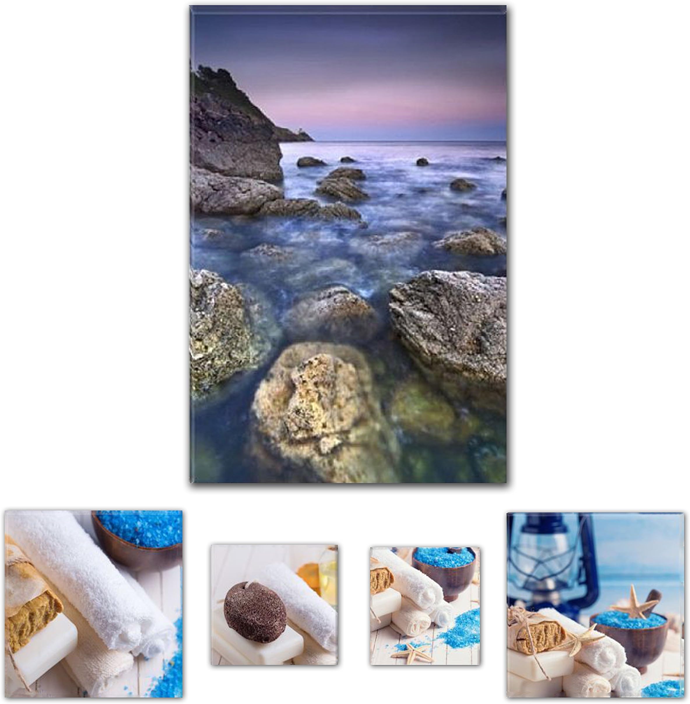 Eco Light Wall Art Canvas The Spirit of the Sea, Beach 60 x 90 cm for Home Decor and Bathroom SPA Collage Set of 4, Dual View Surprise Artwork Modern Framed Ready to Hang Wall Art Painting!