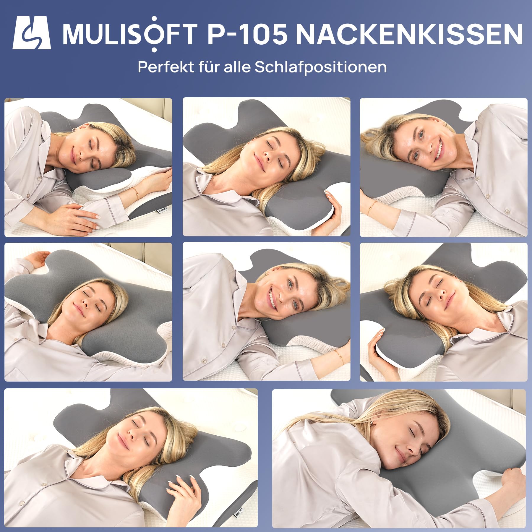 MULISOFT Nackenkissen Memory Foam Ergonomisches Kopfkissen Seitenschläferkissen Nackenstützkissen Schmetterlingskissen Zwei Höhen Grau