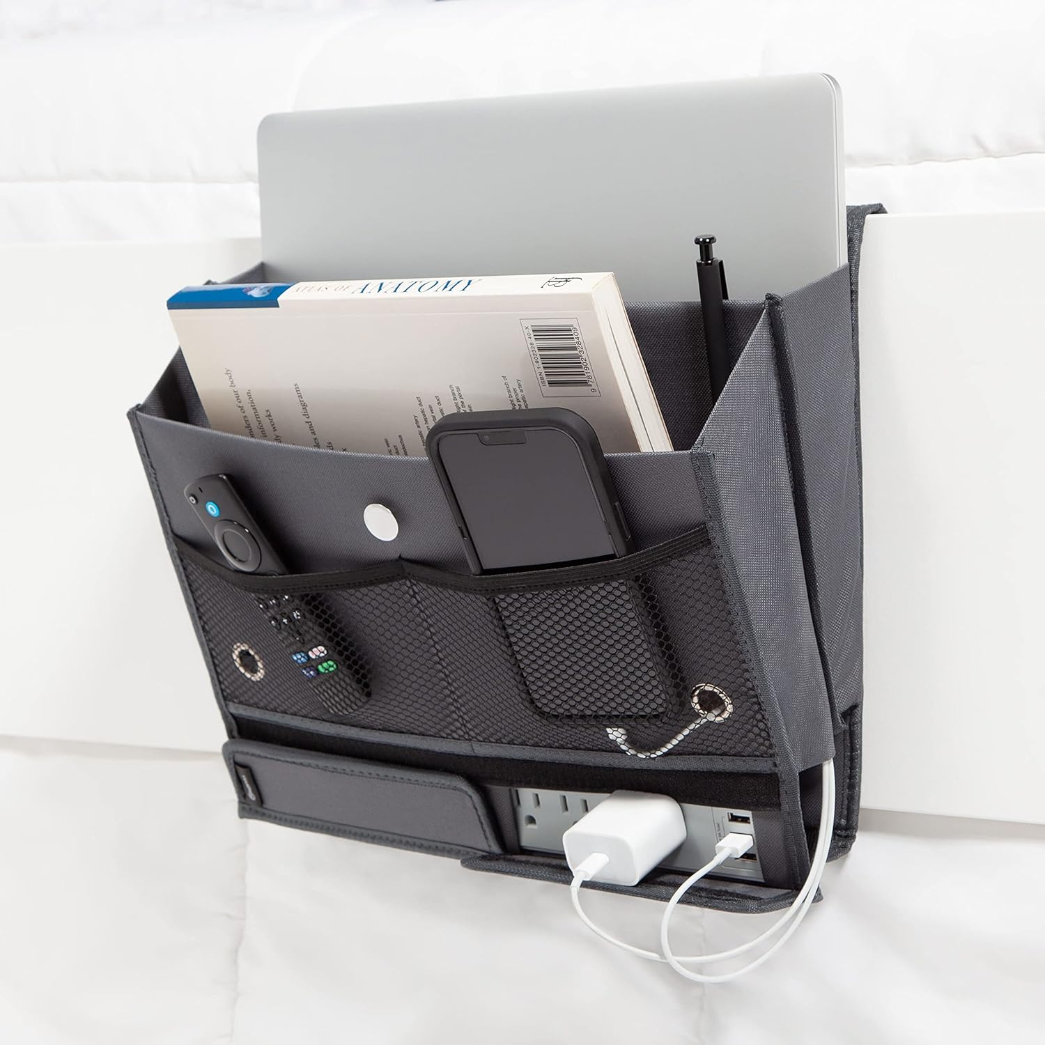 U Brands Bedside Caddy, 7 Pockets with Power Strip Compartment, Organization Supplies, Gray, 1 Count