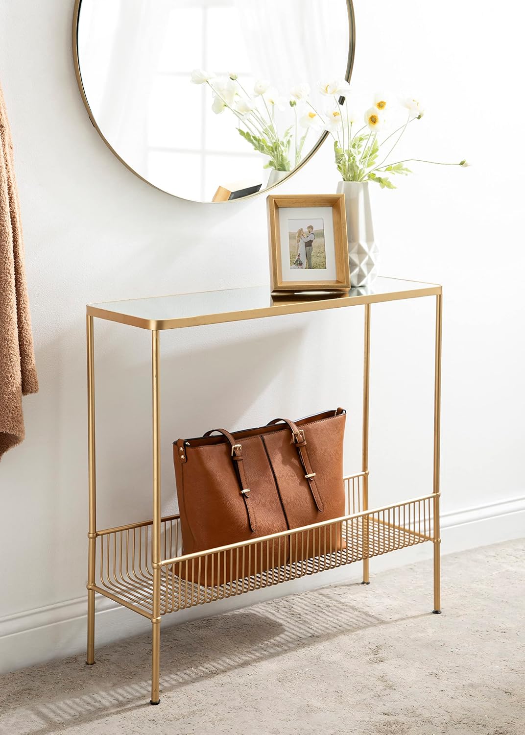 Kate and Laurel Trubey Narrow Elegant Console Table, 30 x 30 x 10, Modern Glam Slim Entryway Table with Bottom Wire Storage Rack and Mirrored Tabletop