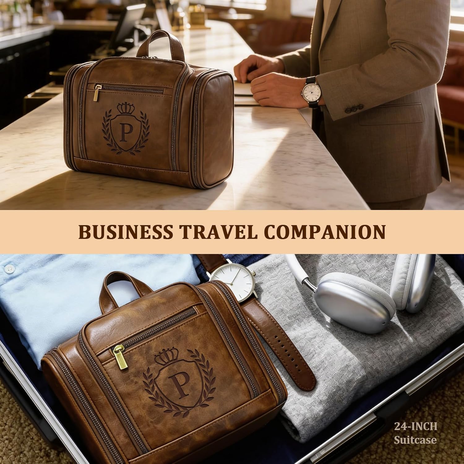 Personalized Mens Large Leather Travel Toiletry Bag Hanging Dopp Kit Grooming with Laser Engraved Initials, Custom Monogrammed Gifts for Groomsmen Groom Boss Friend Brother, Mustard Letter P