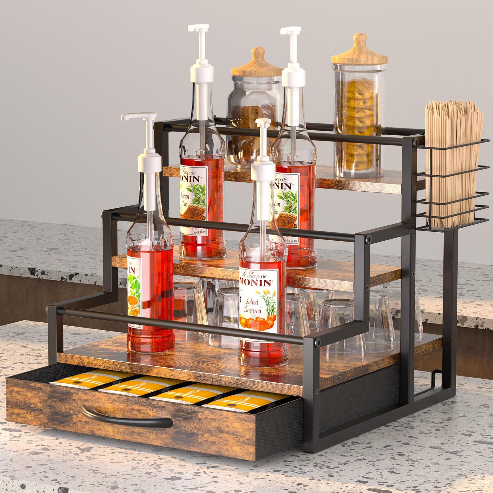 HOYRR Coffee Syrup Organizer,Coffee Syrup Rack 3Tier with Drawer Coffee Syrup Holder,12 Bottle Storage Coffee Syrup Stand with Basket,Coffee Station Organizer for Syrup,Wine,Dressing-Black…