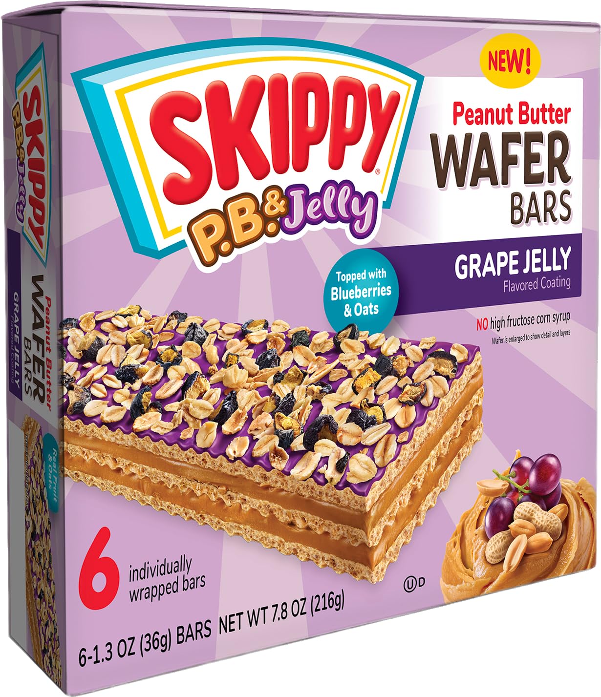 P.B. & Jelly Peanut Butter And Grape Jelly Coated Wafer Bars, 1.3 oz, 6 Ct (36g)/Bar