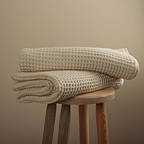 Miniatura 3 de Püskül - Toallas de baño de punto gofre para baño, 100% algodón orgánico turco de alta calidad, 32 x 63 pulgadas, paquete de 2 unidades (beige