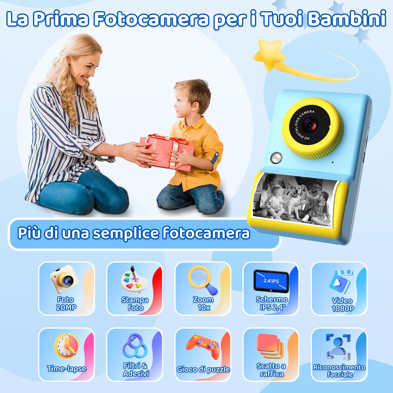 ULEWAY Macchina Fotografica Bambini Istantanea | 2,4" Schermo | 1080P HD Fotocamera Bambini con Flash LED | Scheda SD 32G | Carta per Stampante| Regalo Bambina e Bambino 3 4 5 6 7 8 9 10 11 12 Anni