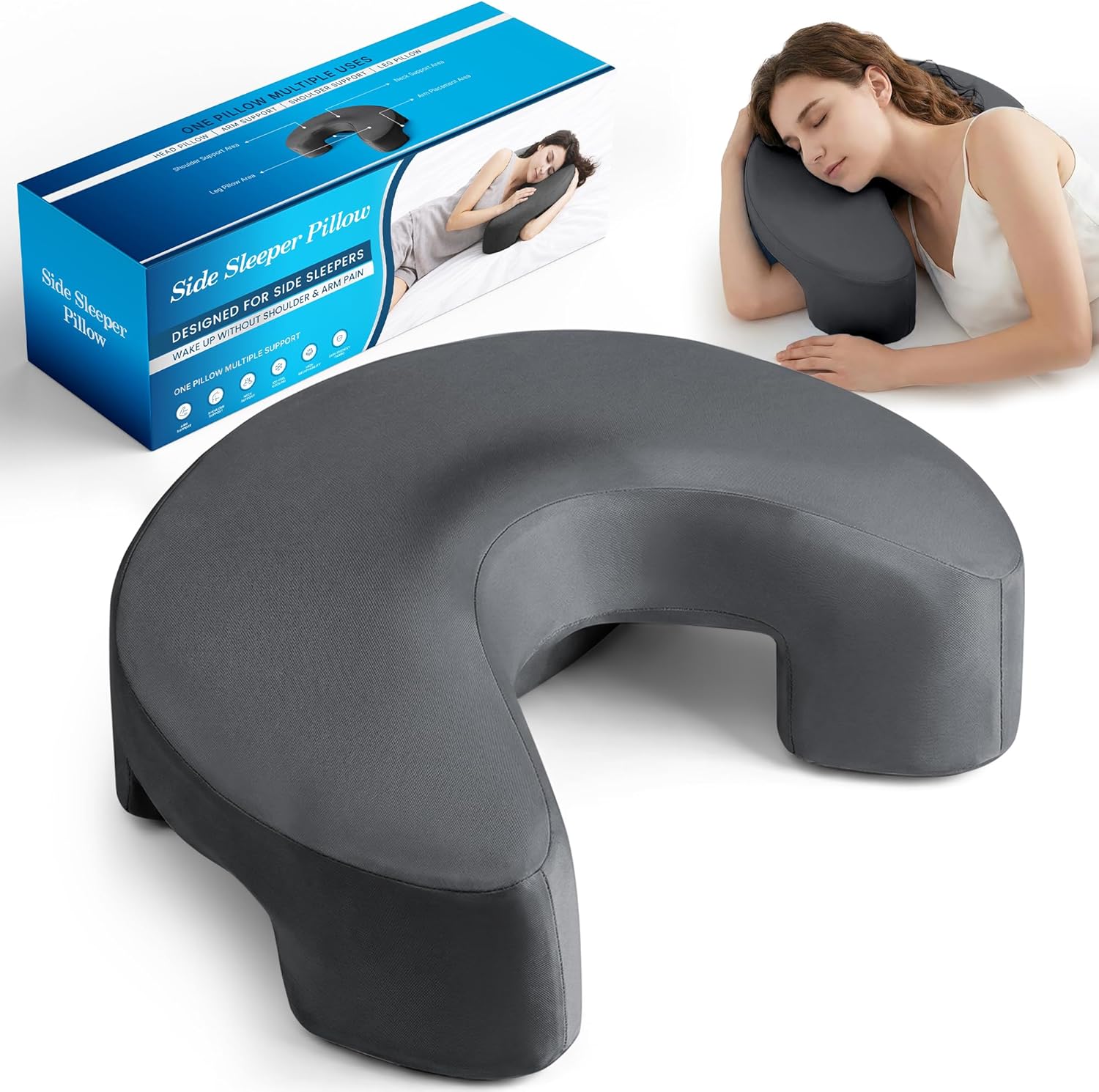 Side Sleeper Pillow with Arm Hole - Memory Foam Pillow for Neck and Shoulder Pain Relief, Ice Silk Cover, Ergonomic Arm Support for Side Sleeping, Washable Cover (White)
