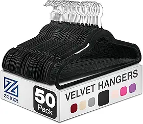 Zober Pacote com 50 cabides de veludo - cabides pretos resistentes para casacos, calças e roupas sociais - Conjunto de cabides antiderrapantes - Cabides de feltro para roupas que economizam espaço