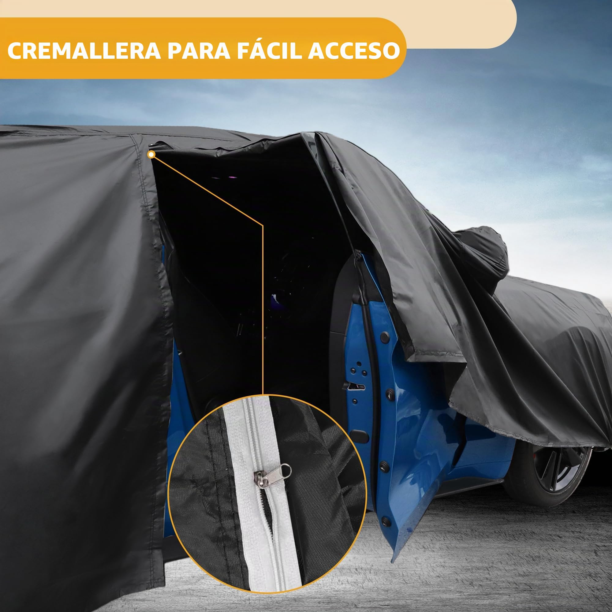 Funda De Coche Impermeable Anti-UV para Ford Puma 19-23 1Pc | 190T-Pu, Negro, 425X180X140Cm, Impermeable, Anti-Uv, Todo Clima, Cremalleras, Cuerda Elástica, Franjas Reflectantes