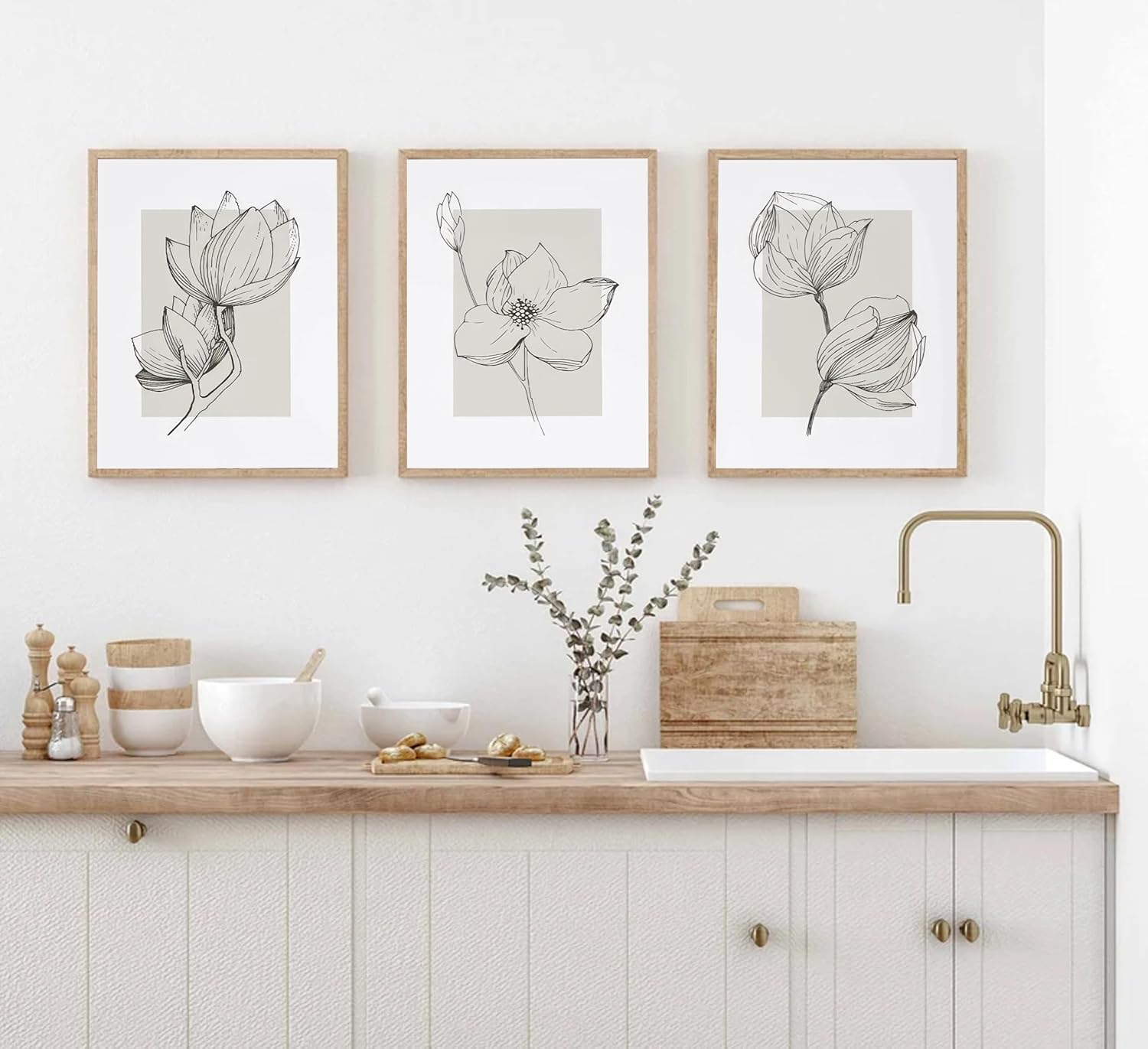 3Pcs Neutral Botanical Canvas Wall Art Beige Simple floral Painting Pictures Wall Decor Vintage Line flower Poster Print Artwork for Living Room Bedroom Bathroom Scene Home Decoration Unframed