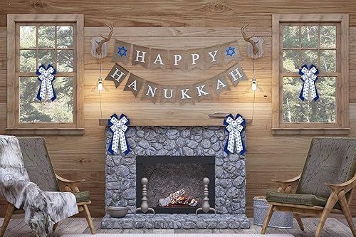Miniatura 4 de ALIBBON Lazos grandes de Hanukkah para coronas, lazos de corona de Hanukkah, lazos de terciopelo azul dorado, lazos de estrella de David para puerta