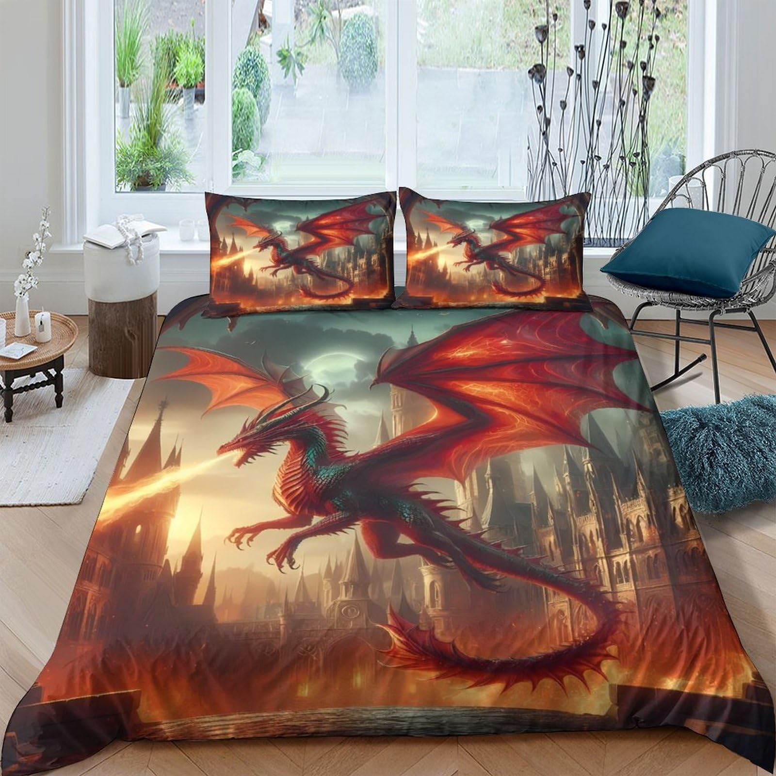 Ctjqhvkz Style-5 3D Printed Fire Dragon Fitted Sheet Microfiber Soft Mattress Cover Fantasy Red Decor For Bedroom Dorm Protector Single（135X200cm）
