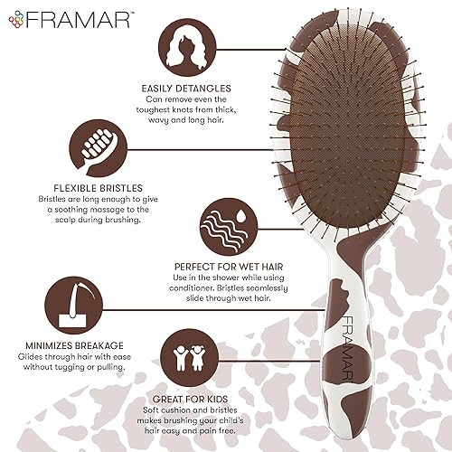 Miniatura 4 de FRAMAR Cepillo desenredante para cabello rizado, cepillo desenredante para cabello rizado, cepillo de pelo con estampado de vaca para cabello