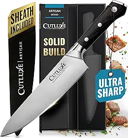 Cutluxe Faca de chef – Faca de cozinha de 20 cm, aço alemão de alto carbono, ponta completa, design de cabo ergonômico, bainha incluída – Série Artisan