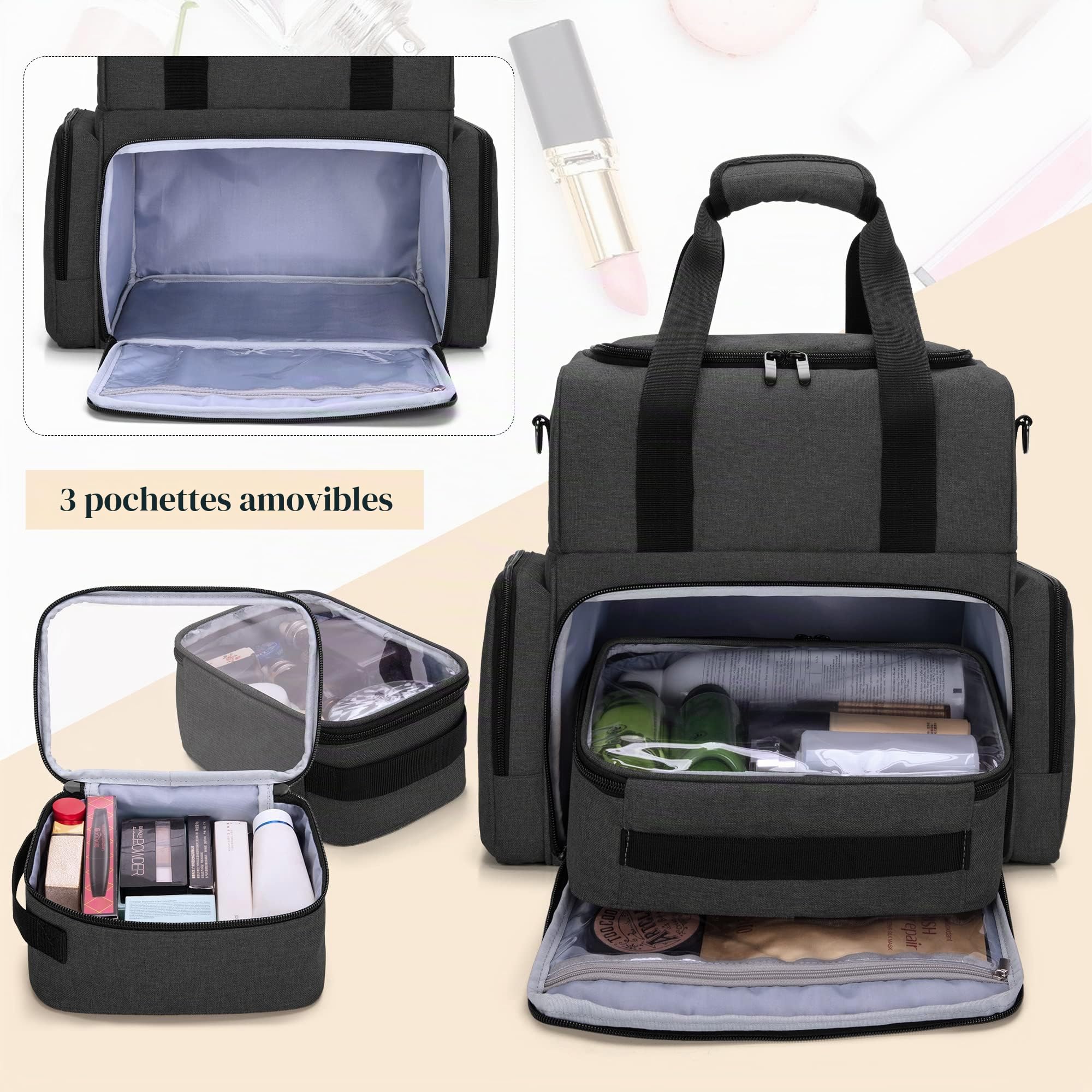 BAFASO Trousse de Maquillage de Voyage à 2 Couches, Sac de Maquillage, Noir | Sac à Cosmétiques avec 3 Étuis Amovibles, (Sac Seulement)