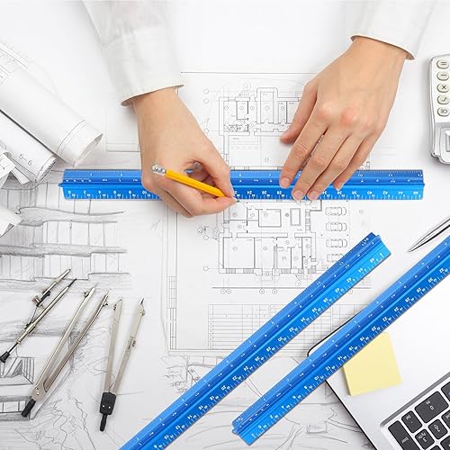 Vista 14 de Macarrie Regla triangular a escala arquitectónica, 12 pulgadas, regla de aluminio de metal con medidas imperiales para arquitecto, estudiante, Negro