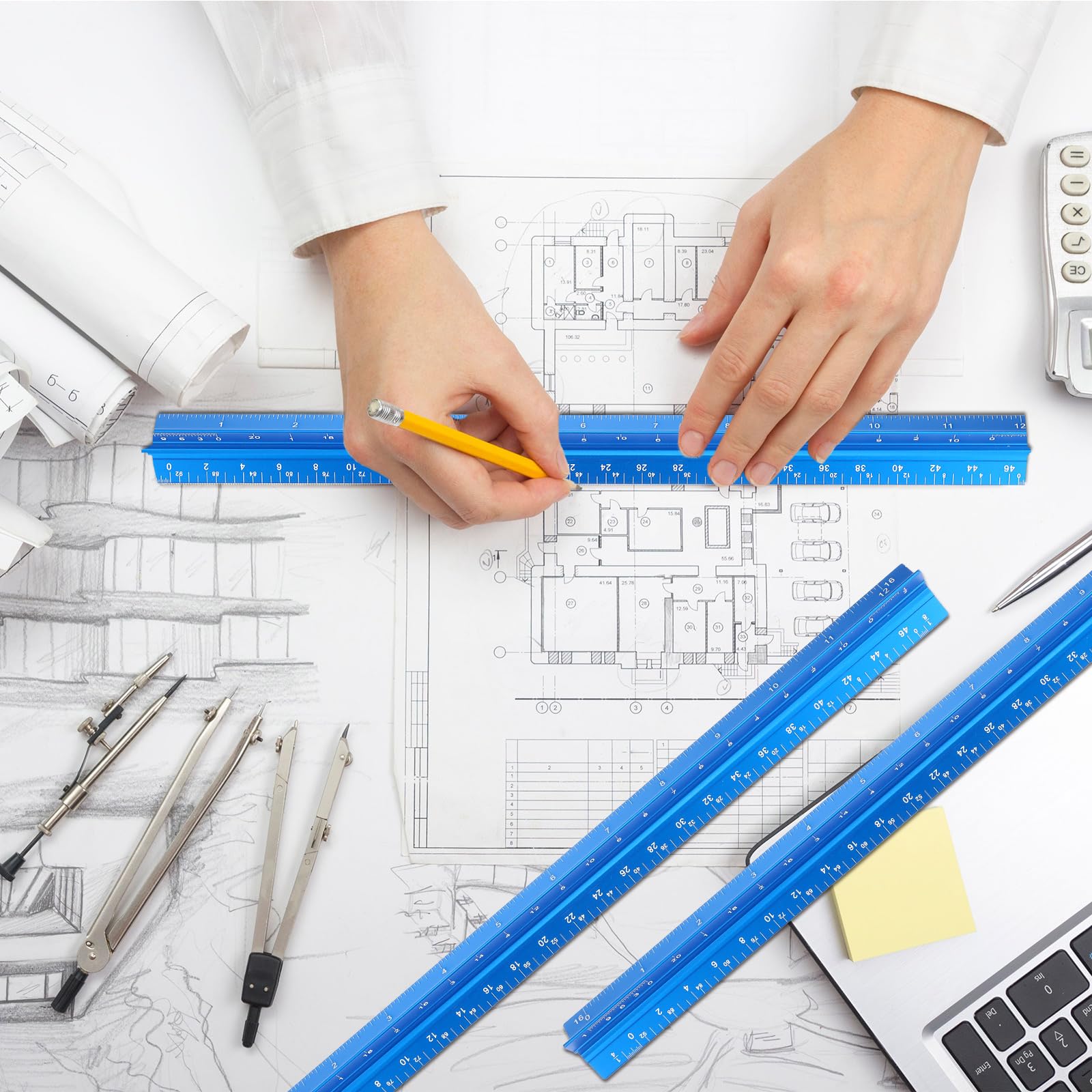 Macarrie Architekturmaßstab, dreieckiges Lineal, 30,5 cm, für Architekten, Ingenieure, Maßstab, Lineal-Set, Aluminium, Metall, Maßstab mit imperialen Maßen, für Architekten, Studenten, Zeichner,
