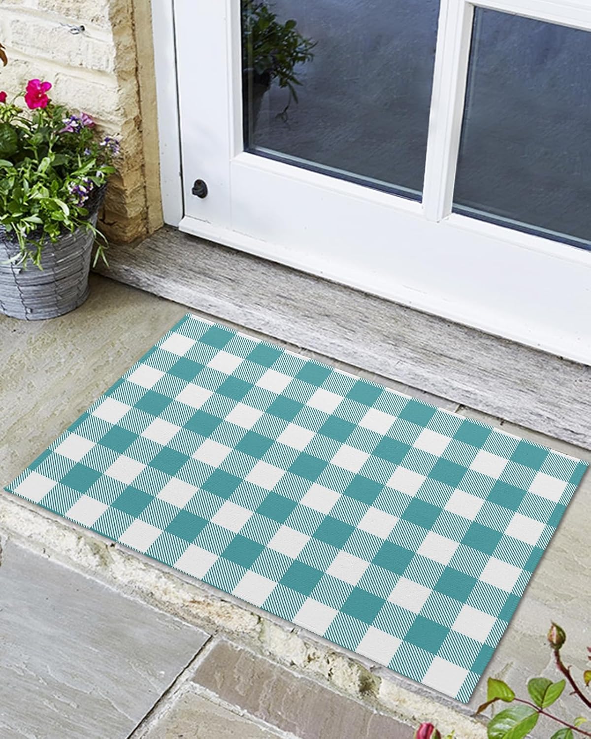 Indoor Door Mat Washable Mat 24x36 Inch - Outdoor Non-Slip Mat Absorbent Resist Dirt Doormats Buffalo Plaid Turquoise and White Floor Mat for Entryway Patio Bathroom