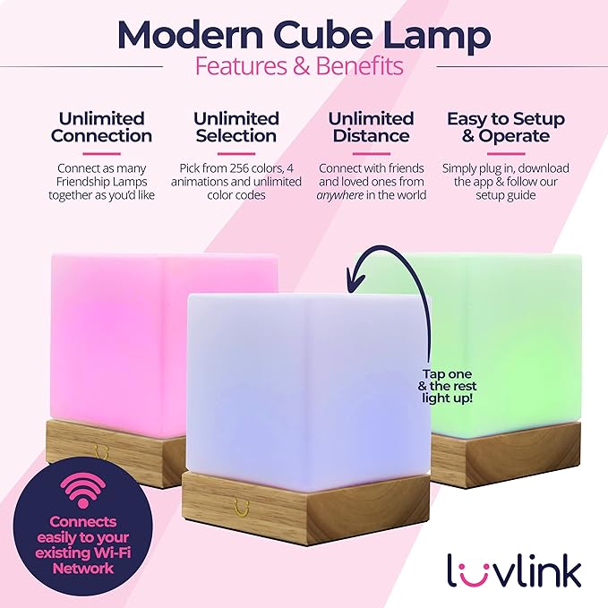 LuvLink LuvLink Cube Friendship Lamp v2 Extended WiFi Range - Bluetooth Setup - Wood & Glass Design (Single, Natural) photo 2