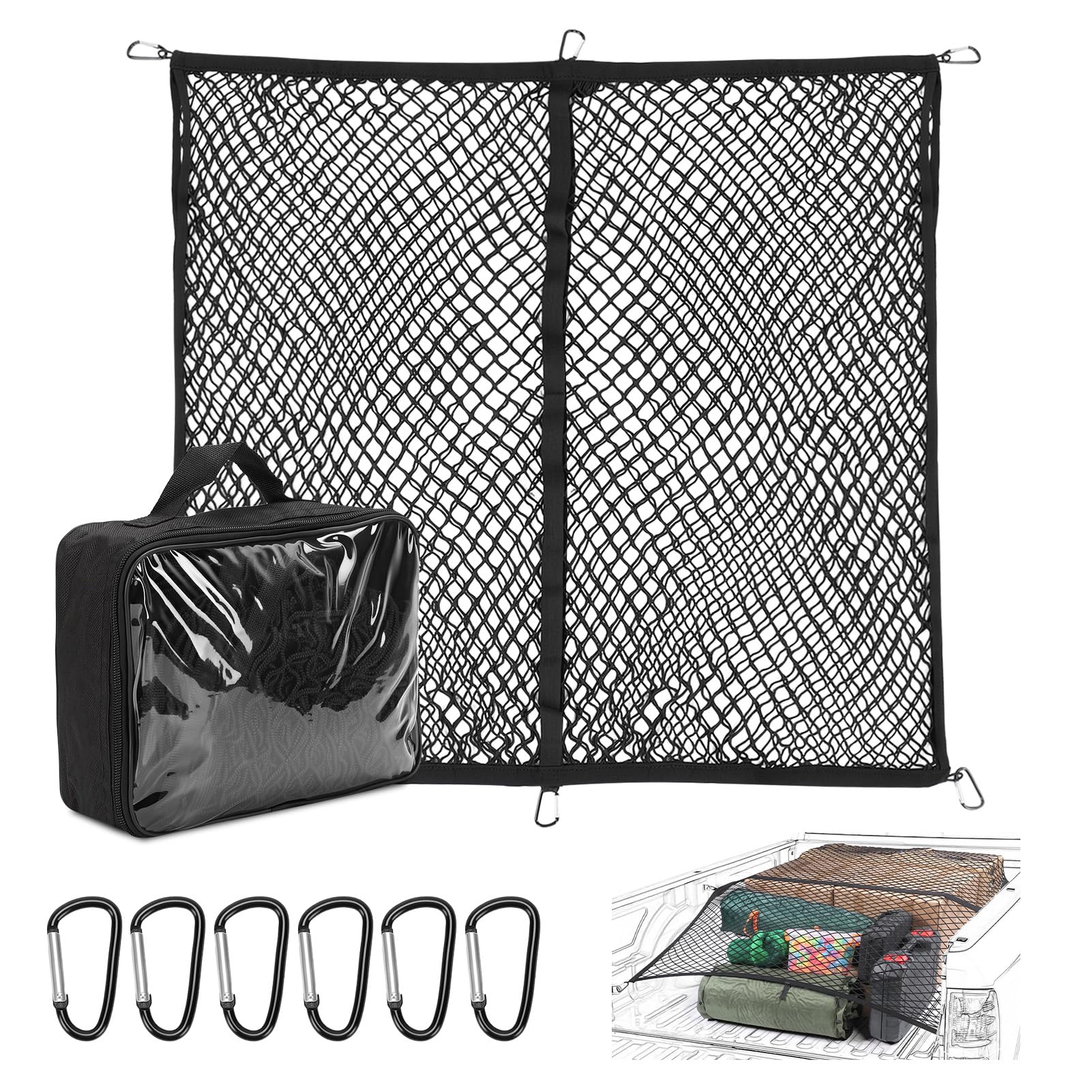 Ladungssicherungsnetz Hochelastisches Gepäcknetz LKW Pritschen Netz Doppel Lage Anti Rutsch Cargo Netz für Pickup SUV Van Offroad Transport ohne Verzurren 120x120 bis 210x210 cm 6 Metallhaken