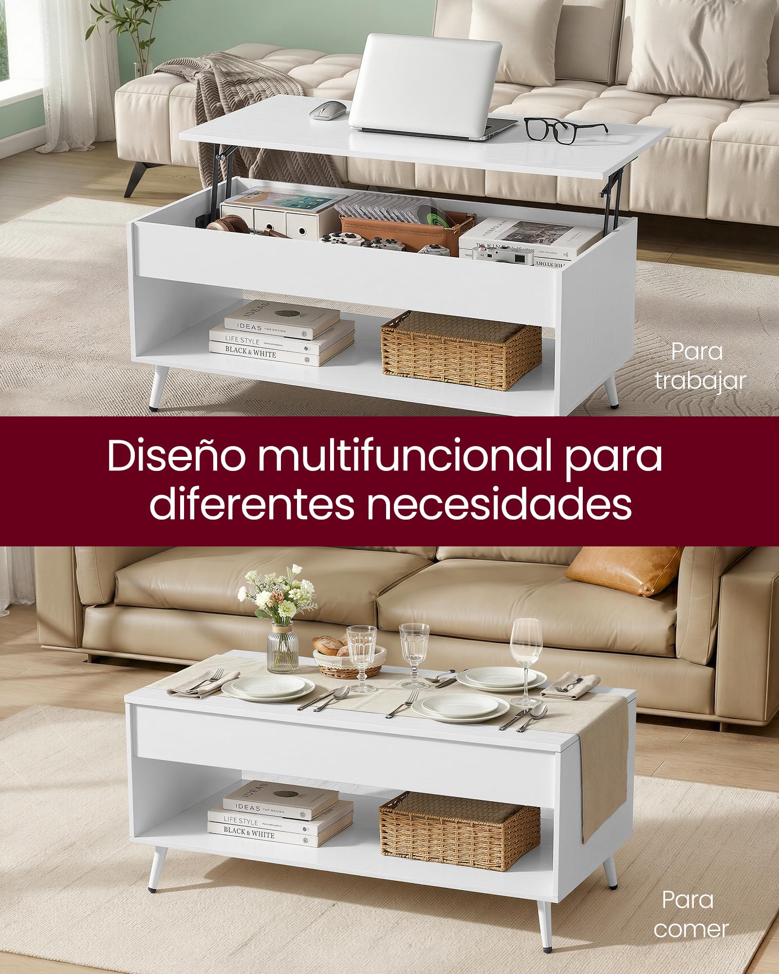 VASAGLE Mesa de Centro, Mesa de Café con Tablero Elevable, Resorte de Gas, Compartimento Oculto, Estante Abierto, para Sala de Estar, Comedor, Oficina, Blanco Nieve y Blanco Mate LCT267WE01