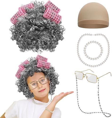 Huskein Old Lady Costume for Girls, 100 Days of School Costume for Kids, Old Lady Wig Glasses Wig Cap Necklace Bracelet Accessories