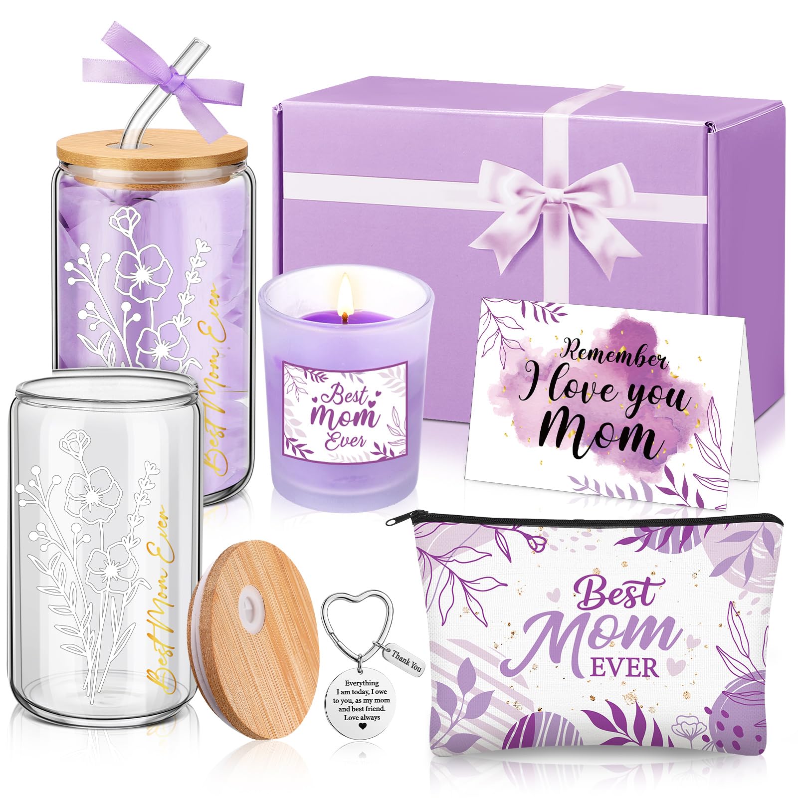 Bokon 6 Pcs Birthday Gifts for Mom Best Mom Ever Gifts Box Set with 16oz Glass Cup Scented Candle Makeup Bag from Daughter Son for Wife Mother Day Party(Purple)